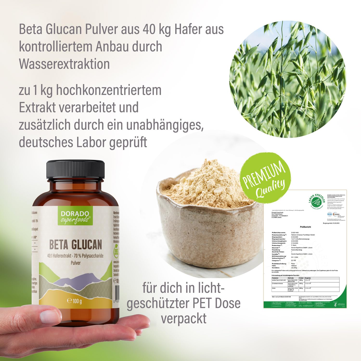 Beta Glucan Pulver Hochdosiert – 2.000 mg 40:1 Extrakt | 70% Beta Glucane | Entspricht 80.000 mg Hafer | 100 g | Reiner Hafer-Extrakt | Dorado Superfoods®