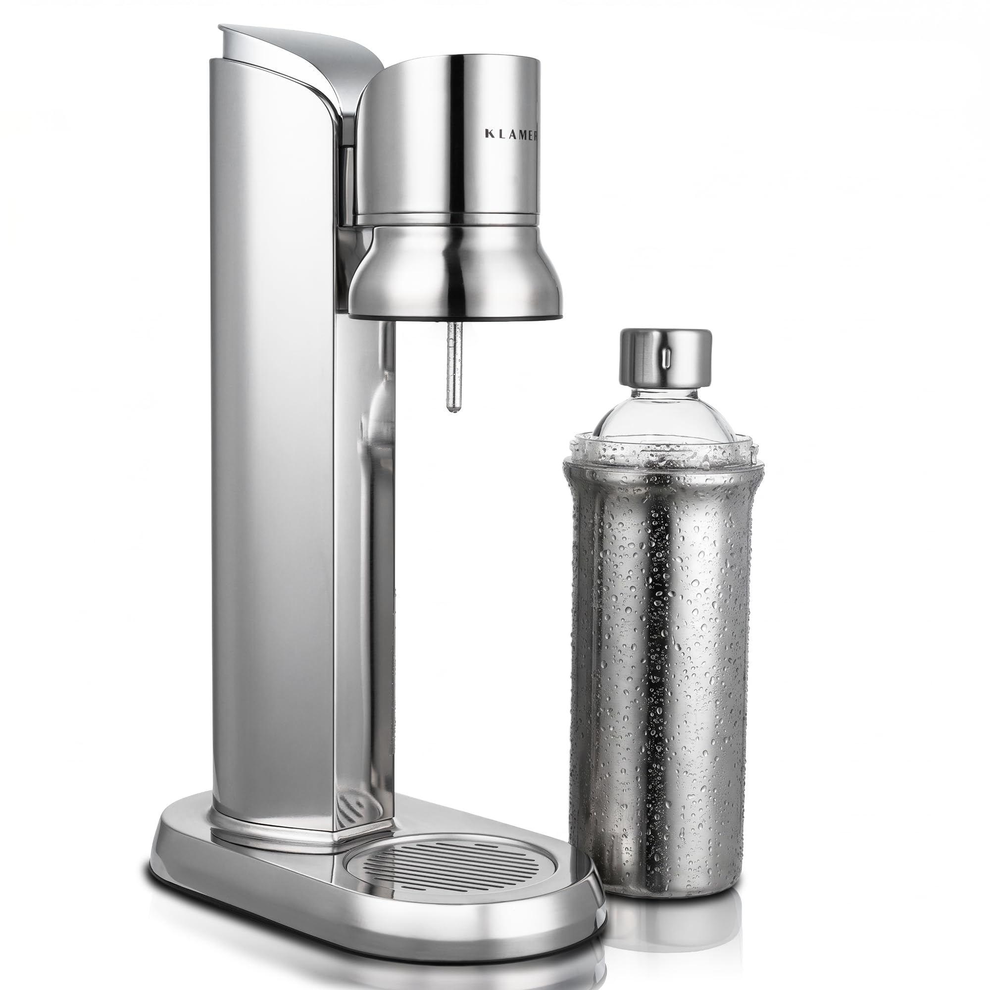 KLAMER Wassersprudler Edelstahl mit Glasflasche, 0,65 MPa Druck, One-Touch-Bedienung, Spülmaschinenfeste Glasflasche, Abtropfschale, Kompatibel mit Standard CO2 Zylinder 60mm