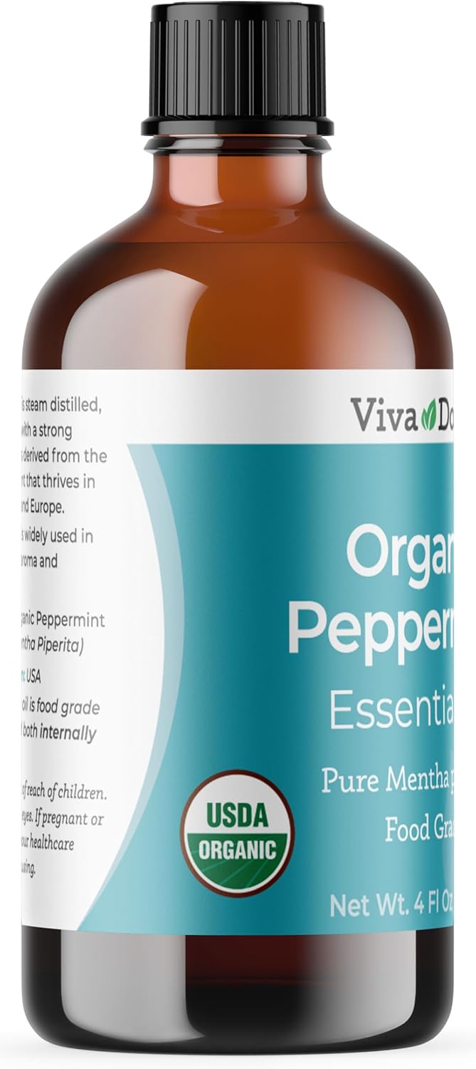 Viva Doria Peppermint Essential Oil, USDA Certified, Organic Peppermint Oil, 100% Pure, Natural Essential Oil, Undiluted, for Aromatherapy | Food Grade, 118 mL (4 Fluid Ounce)