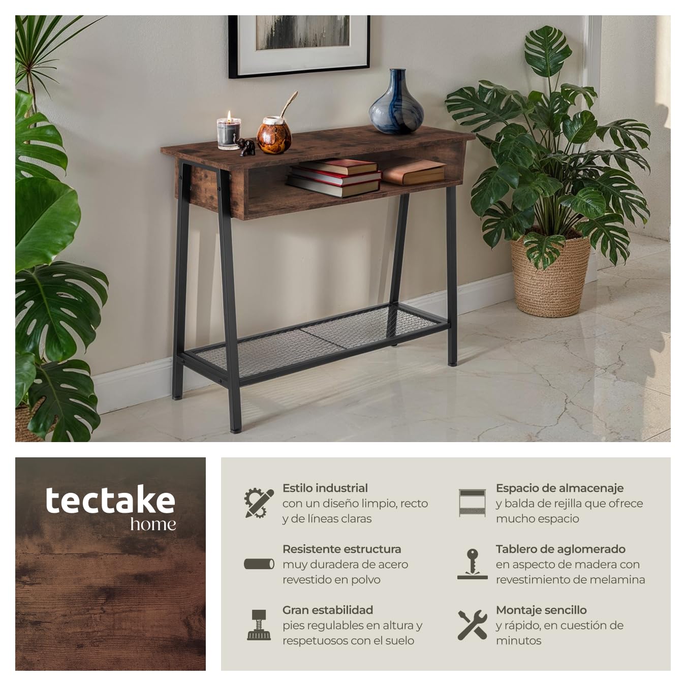 tectake® Mesa Consola de Estilo Industrial, Estante de Rejilla, Espacio de Almacenamiento, Mueble Auxiliar Salón, Aparadores para Salon - 100 x 35 x 80,5 cm Madera Industrial Oscura, Rústica