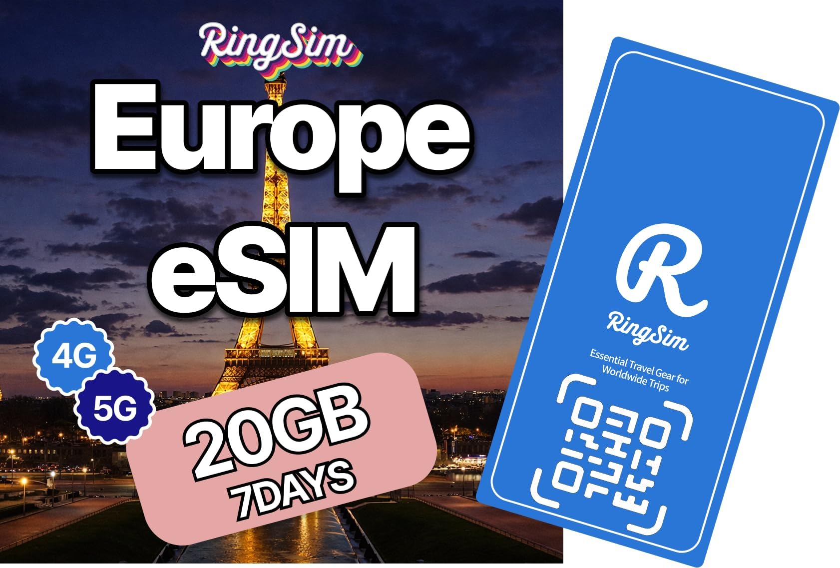 [eSIM] Europe eSIM | 7DAYS 20GB | UK, France, Italy, Spain, Germany | 5G, 4G/LTE, Tethering, Hotspot | SIM with Instant Activation in 10 Minutes | Travel with Ringsim | 7DAYS 20GB
