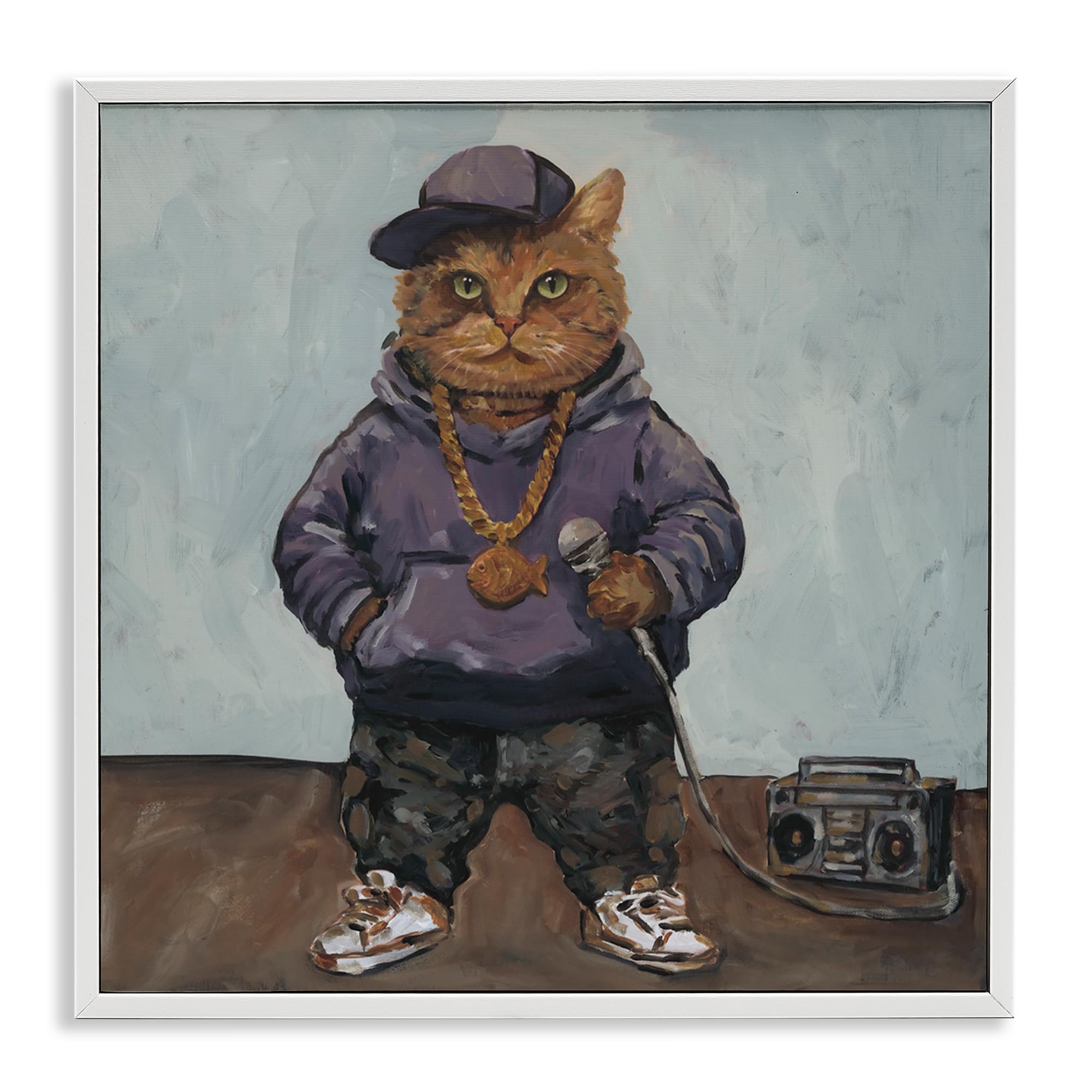 Stupell Industries 'Urban Hip-Hop Cat', Framed Giclee Art, White, 24 x 24 Inches, Easy to Hang and Sturdy, Made in USA, by Studio Bautista