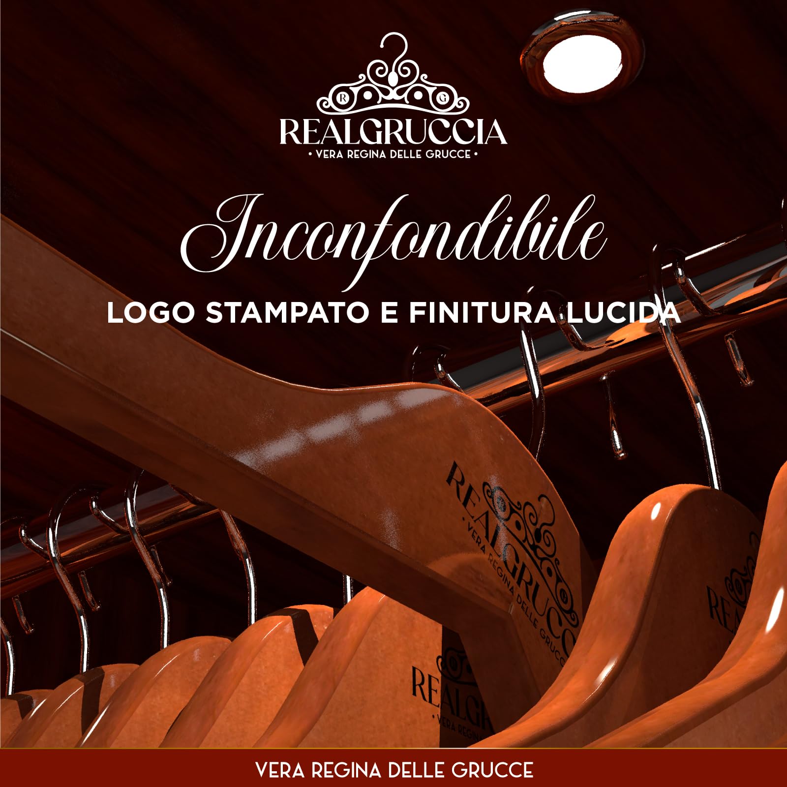 40 Grucce in Legno Marrone Scuro per Vestiti Abiti Giacche e Camicie - Appendiabiti 22x45cm - RealGruccia Barra Pantaloni Tacche Antiscivolo e Gancio Girevole 360° - Profilo Smussato Finitura Lucida