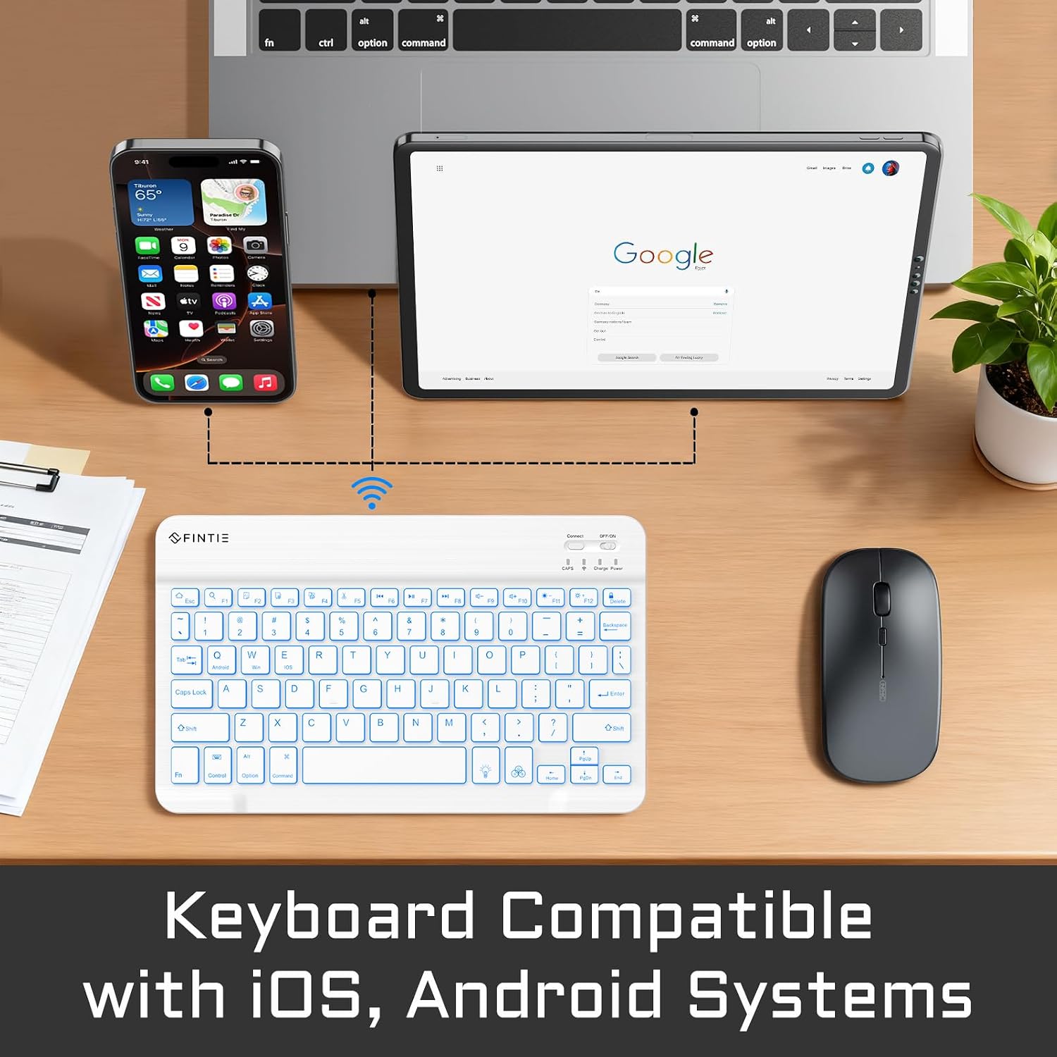 Fintie keyboard connected to a tablet and smartphone