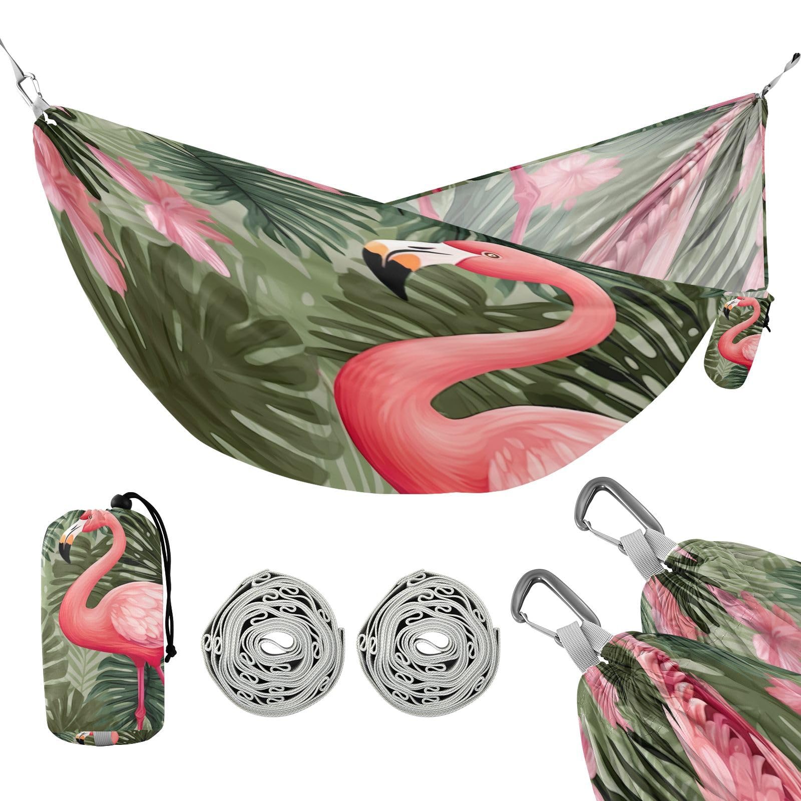 SDMKA Pink Flamingo Camping Hammock, 330 lbs with 2 Tree Straps, Carry Bag, Single Portable Hammock for Outdoor/Indoor, Hiking, Beach, Backpacking, Travel