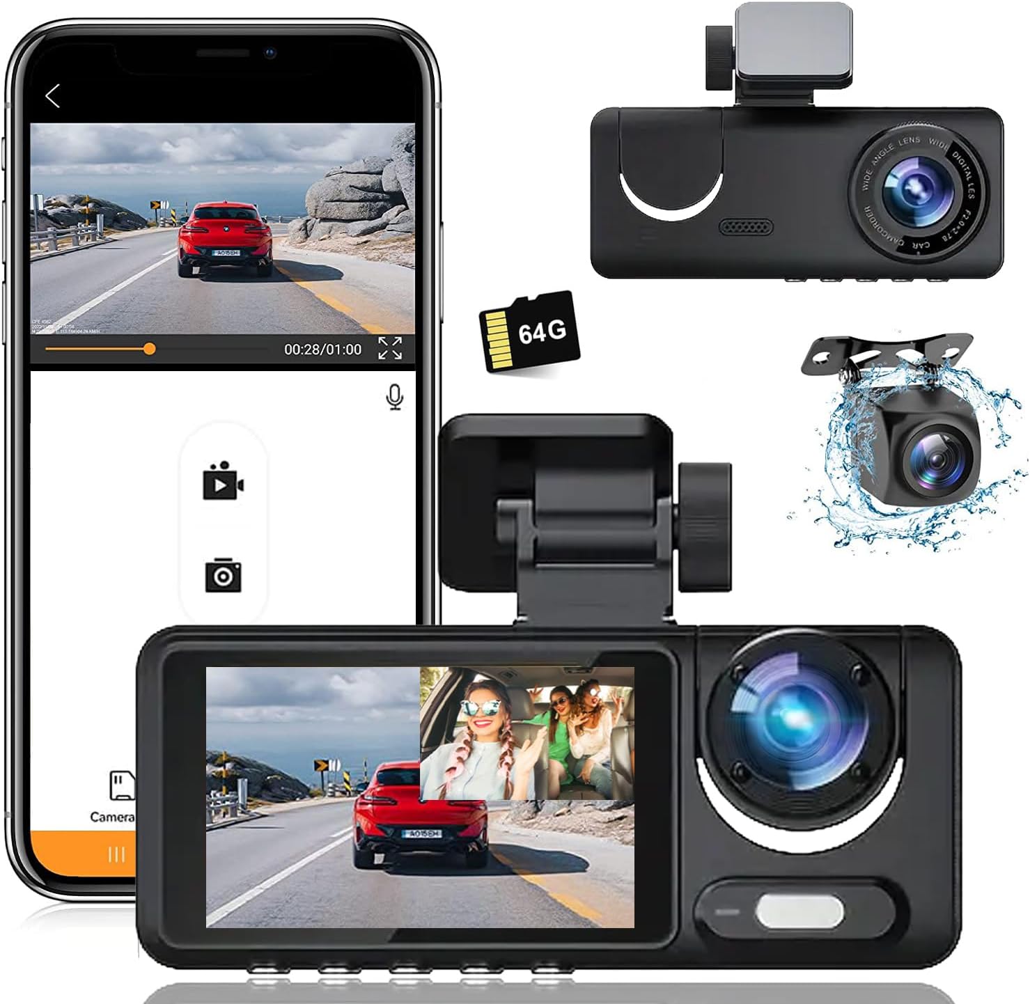 Dash Camera, 3 Channel Dash Cam Front and Rear, Full HD Dash Camera for Cars with 64G SD Card Car Dashboard Camera Recorder with 2'' IPS Screen 170°Wide Angle,WDR G-Sensor Parking Mode