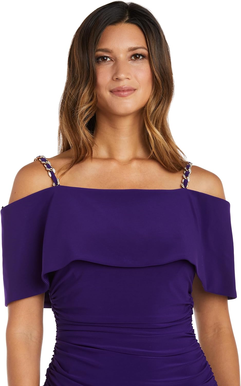 R&M Richards Off The Shoulder Rached Rhinestone Chain Detail Mini Dress