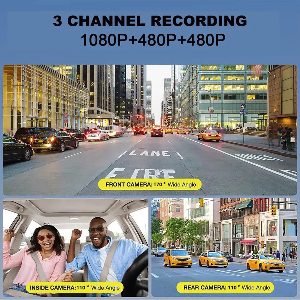 Telecamera interna anteriore e posteriore 1080P Registrazione HD per auto 3 telecamere Dash Cam Registrazione in loop Supporto APP per telefono Wi-Fi Schermo diviso