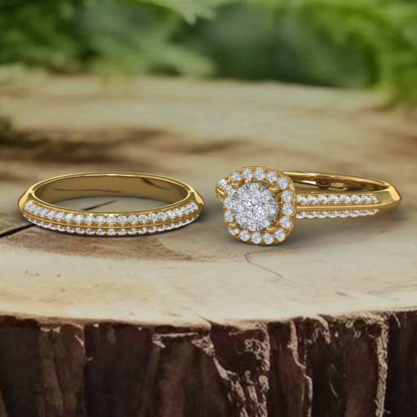 3/4 Carat Halo Diamond Bridal Ring Set in 14K Gold - IGI Certified (I1-I2 Clarity)