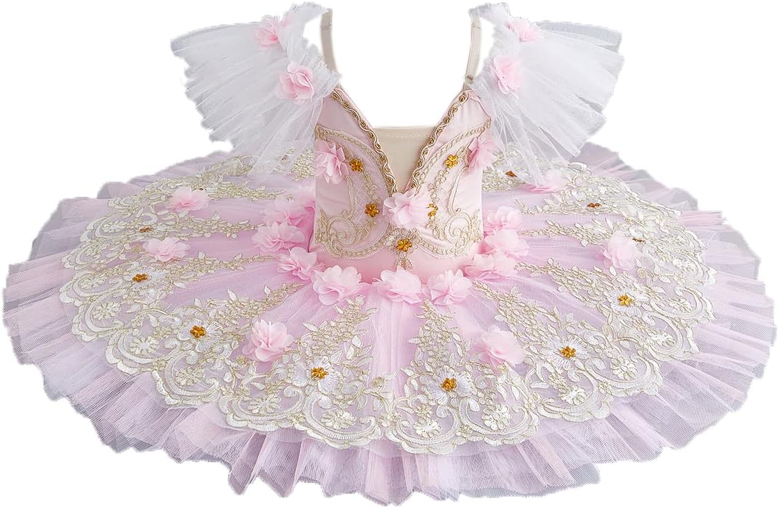 Professional Ballet Tutu Skirt Pancake Dress Elegant Lace Applique Pink Girls Swan Lake Ballet Leotards Dance Costume