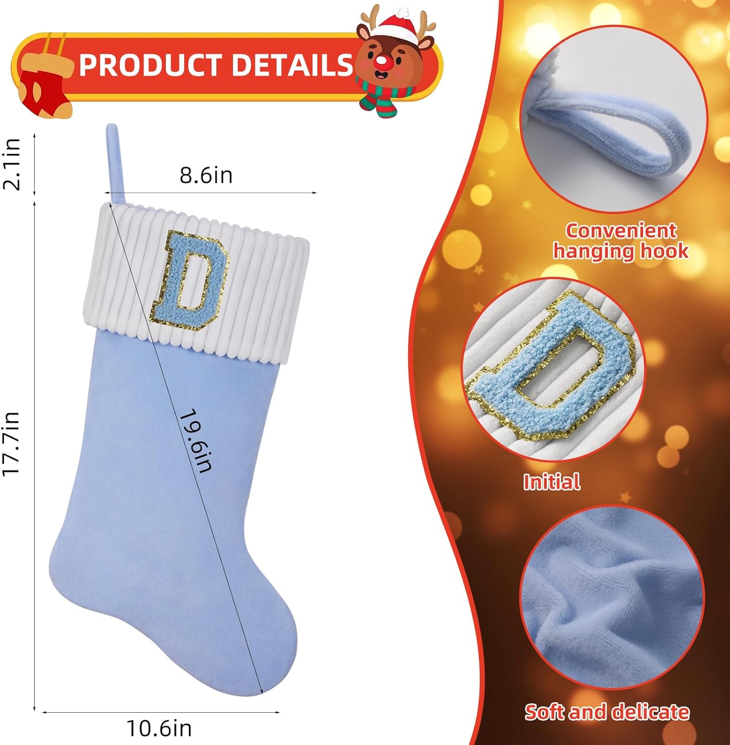 20 Inches Letter Embroidered Christmas Stocking,Personalized Light Blue Velvet Christmas Stocking,Family Holiday Decorations and Xmas Gift(A) - Image 3