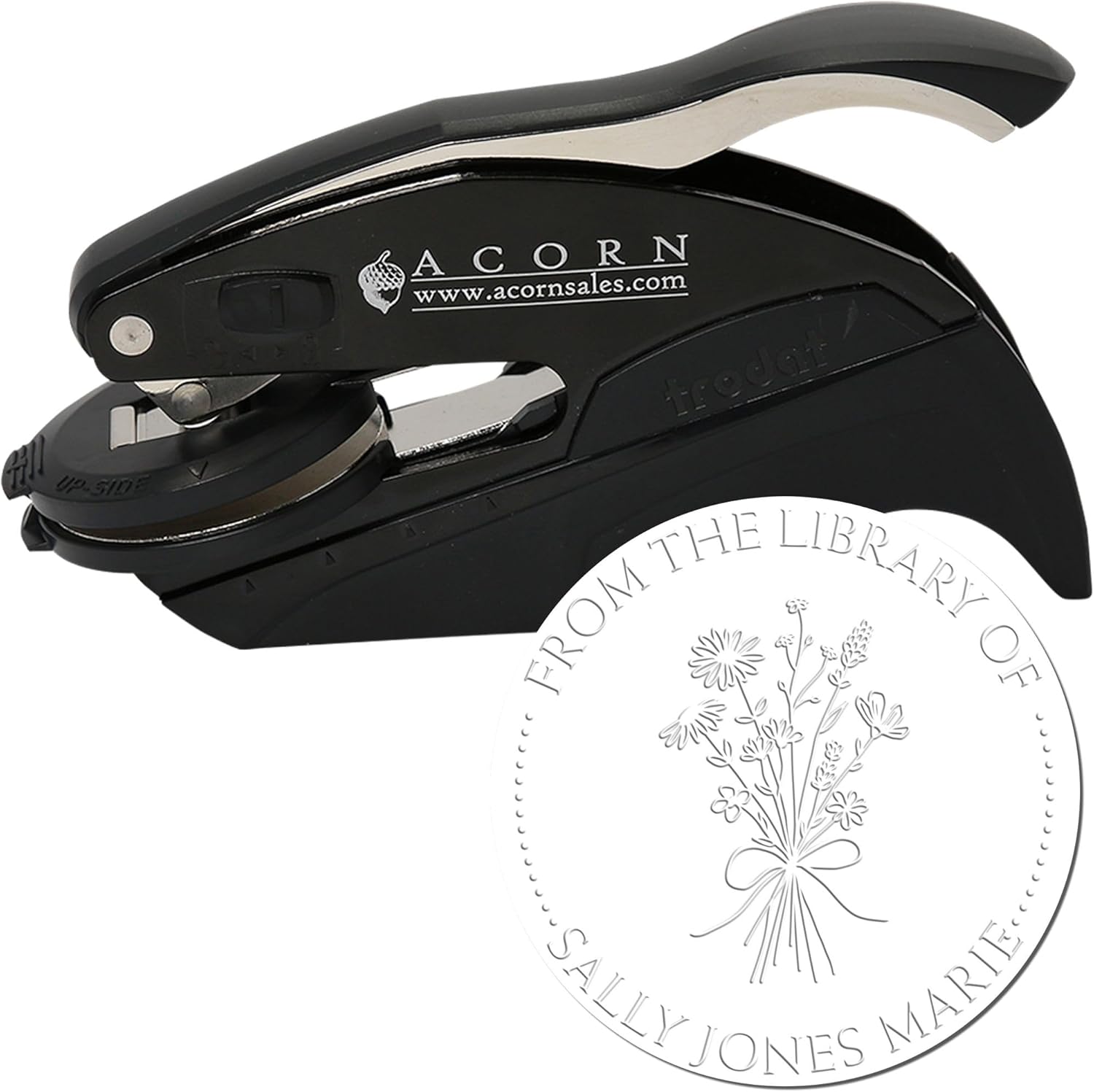 Custom Book Property Paper Embosser with Hybrid Bouquet of Flowers Design, Personalized Name Embossing Seal, Ideal for Book Aficionados, Available in Pink or Black Handle, Round Imprint