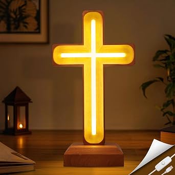 Handcrafted Wooden Cross Lamp, USB Warm Light for Bedside [Energy Class G]