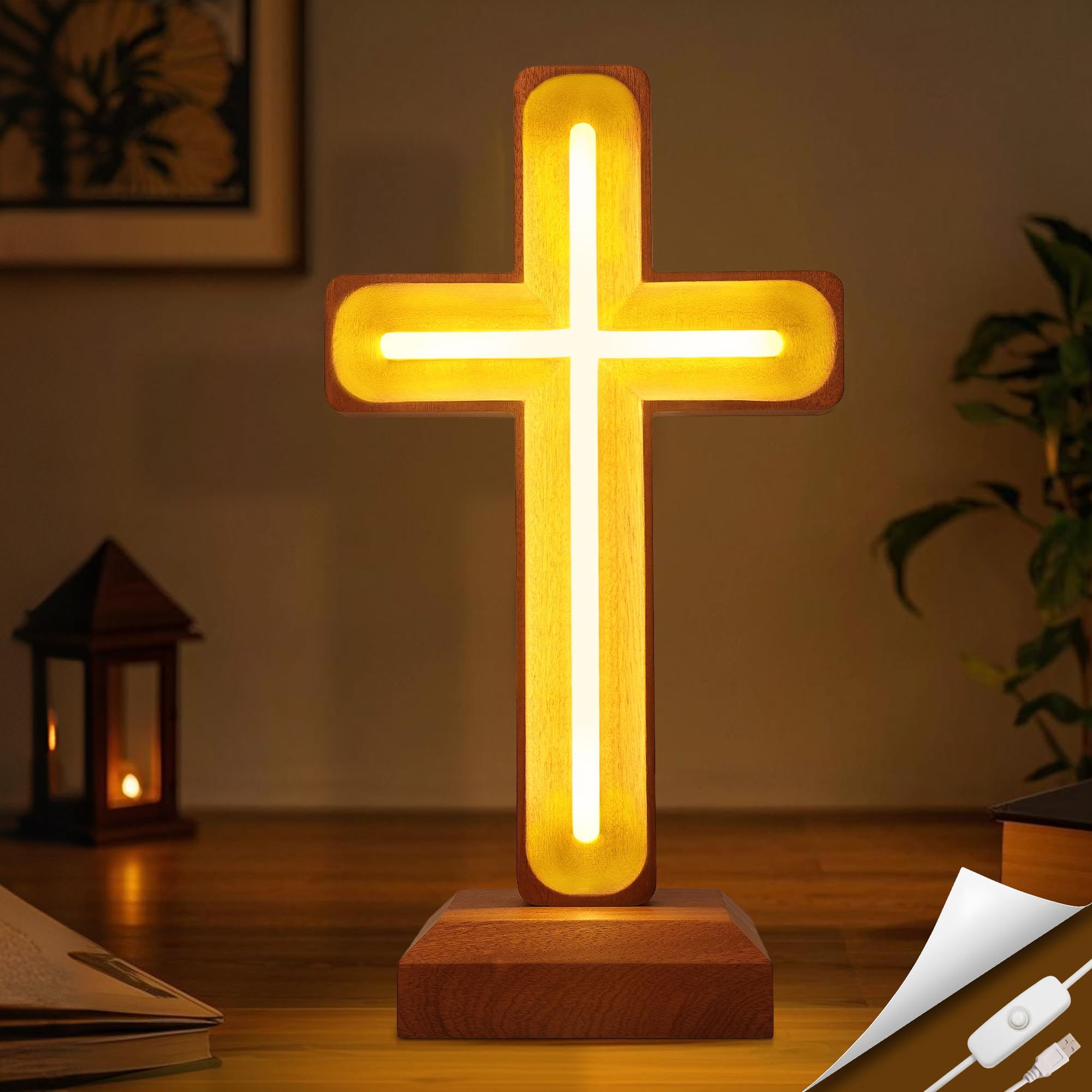 Lámpara de cruz de madera hecha a mano, luz cálida USB para mesita de noche