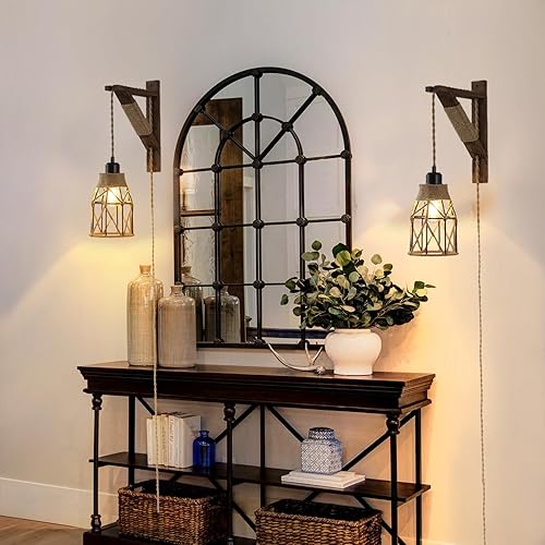 Miniatura 5 de SEEBLEN Juego de 2 apliques de pared enchufables, lámparas colgantes de granja que se enchufan a la toma de pared, aplique de jaula de metal rústico