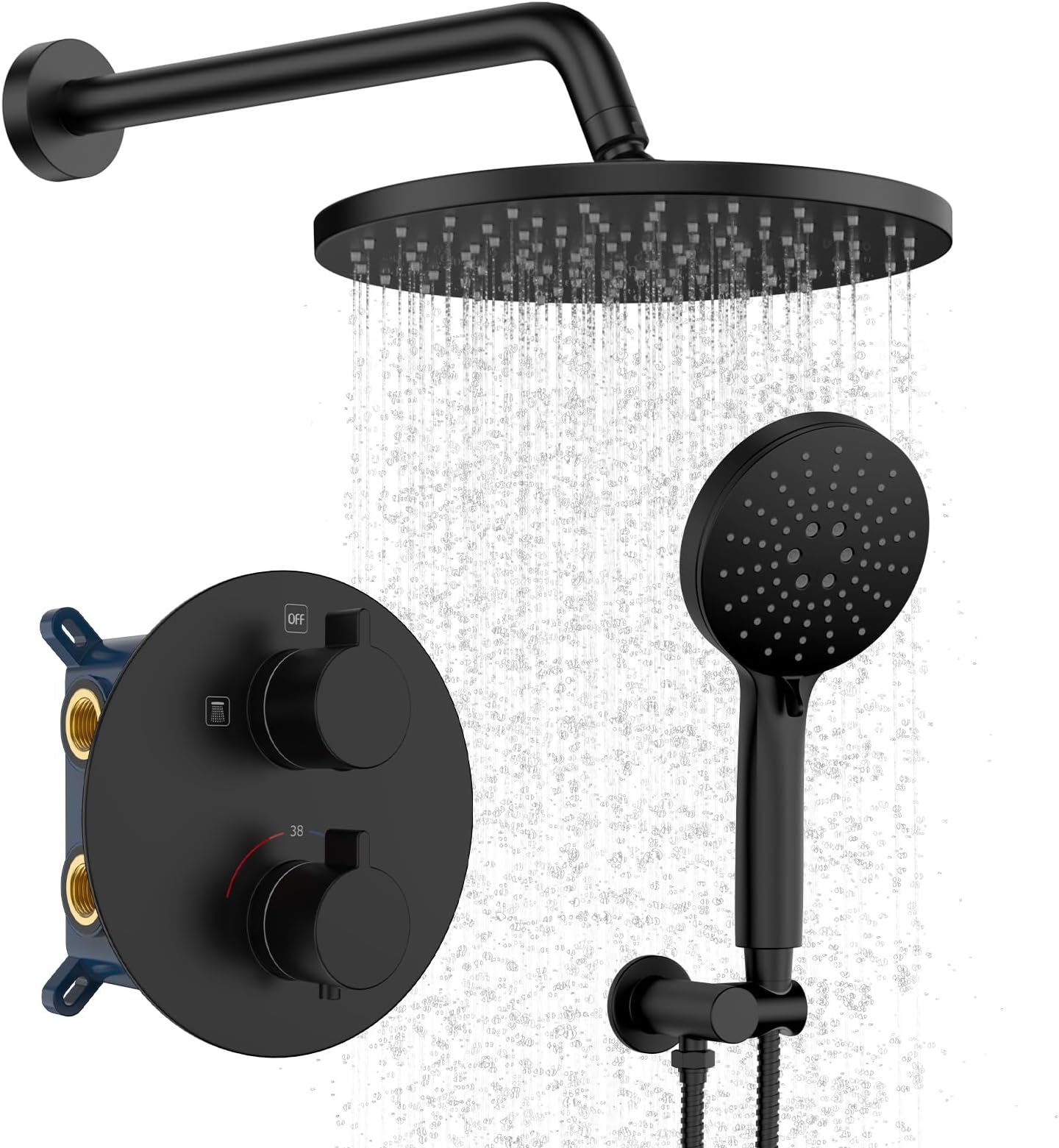 Iriber Thermostatic Shower System Wall Mount with 10 Inch Roud Rainfall Shower Head and Handheld,Shower Faucet Mixer Trim Kit (Valve Included),Matte Black