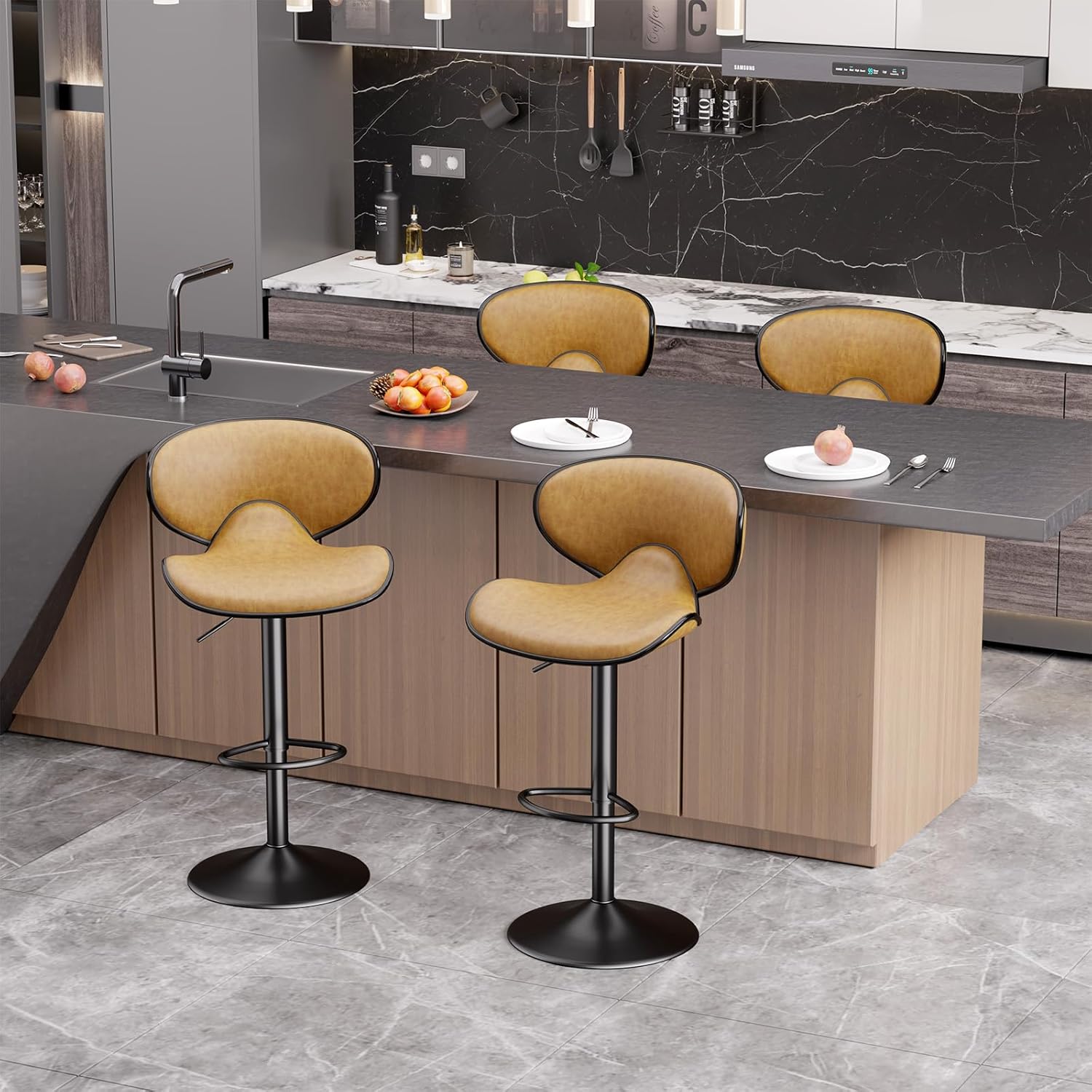 Nalupatio Bar Stools Set of 4, Faux Leather Bar Stools with Back, Chic Swivel Counter Stools with Footrest, Adjustable Kitchen Stools for Kitchen and Bars, Yellow