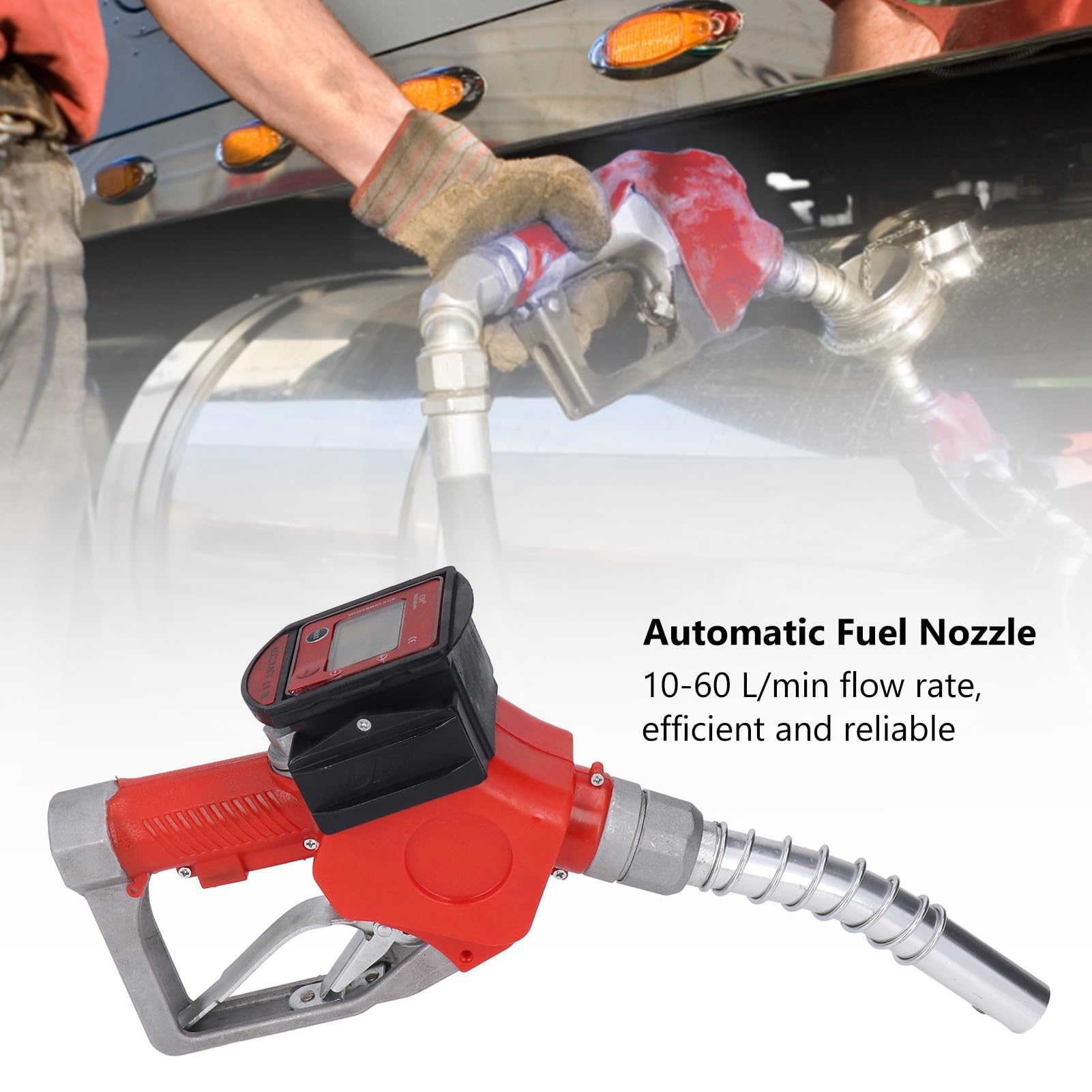 1in BSP Automatische Betankungsdüse K28 10-60 L/min Aluminiumlegierung Digitaler Durchflussmesser Benzin Zapfpistole 3-stellige Digitalanzeige Rot