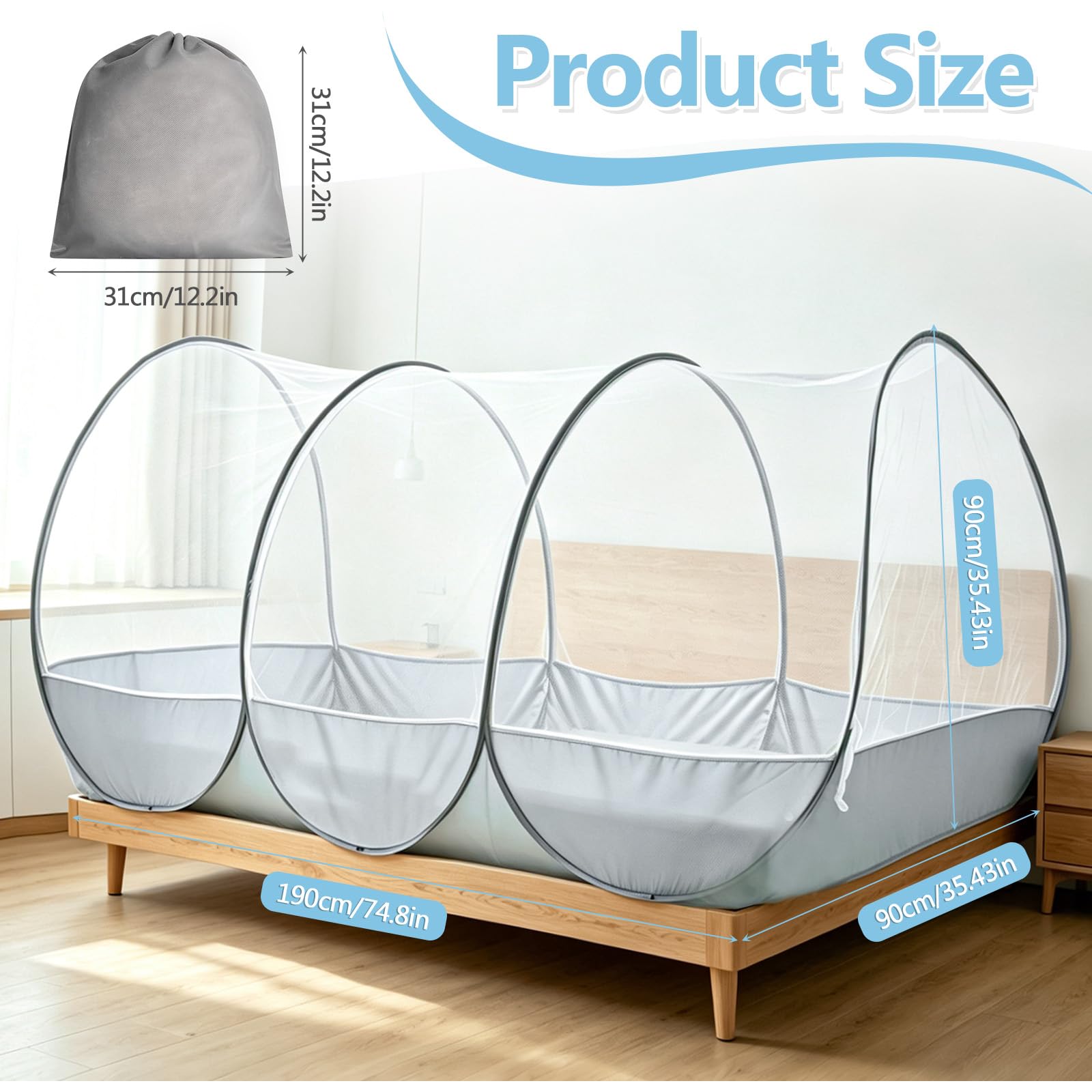 Mosquitera de Viaje Plegable, 190 x 90 x 90 cm, Mosquitera Pop Up para Cama, Camping, Viajes, terraza, hoteles
