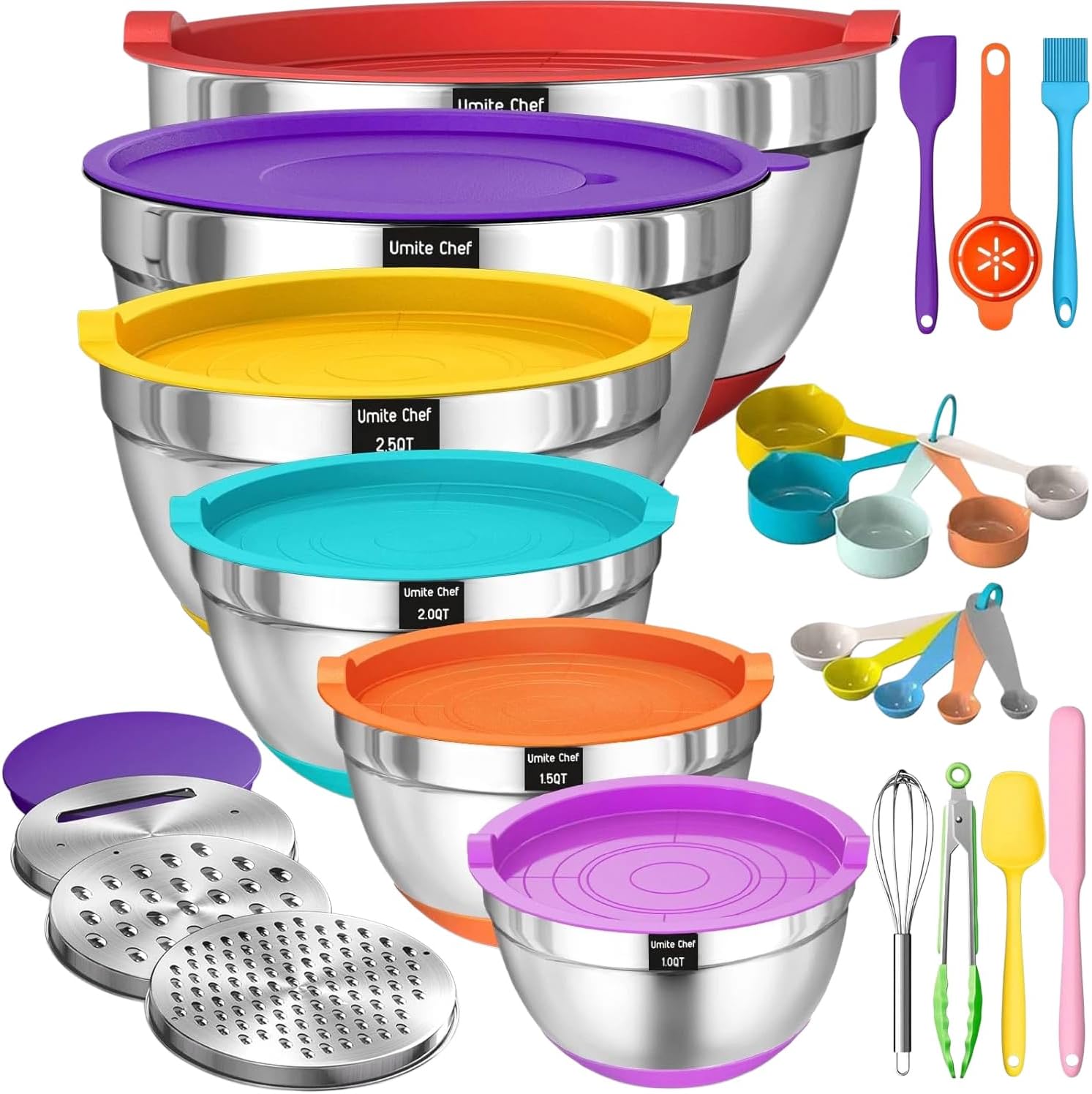 Thickened Stainless Steel Bowl Set, Mixing Bowl Set with Lid, Grater Attachment, Non-Slip Bottom and Kitchen Gadget Set, Sizes 7, 4, 2.5, 2.0, 1.5, 1QT, Ideal for Mixing and Serving