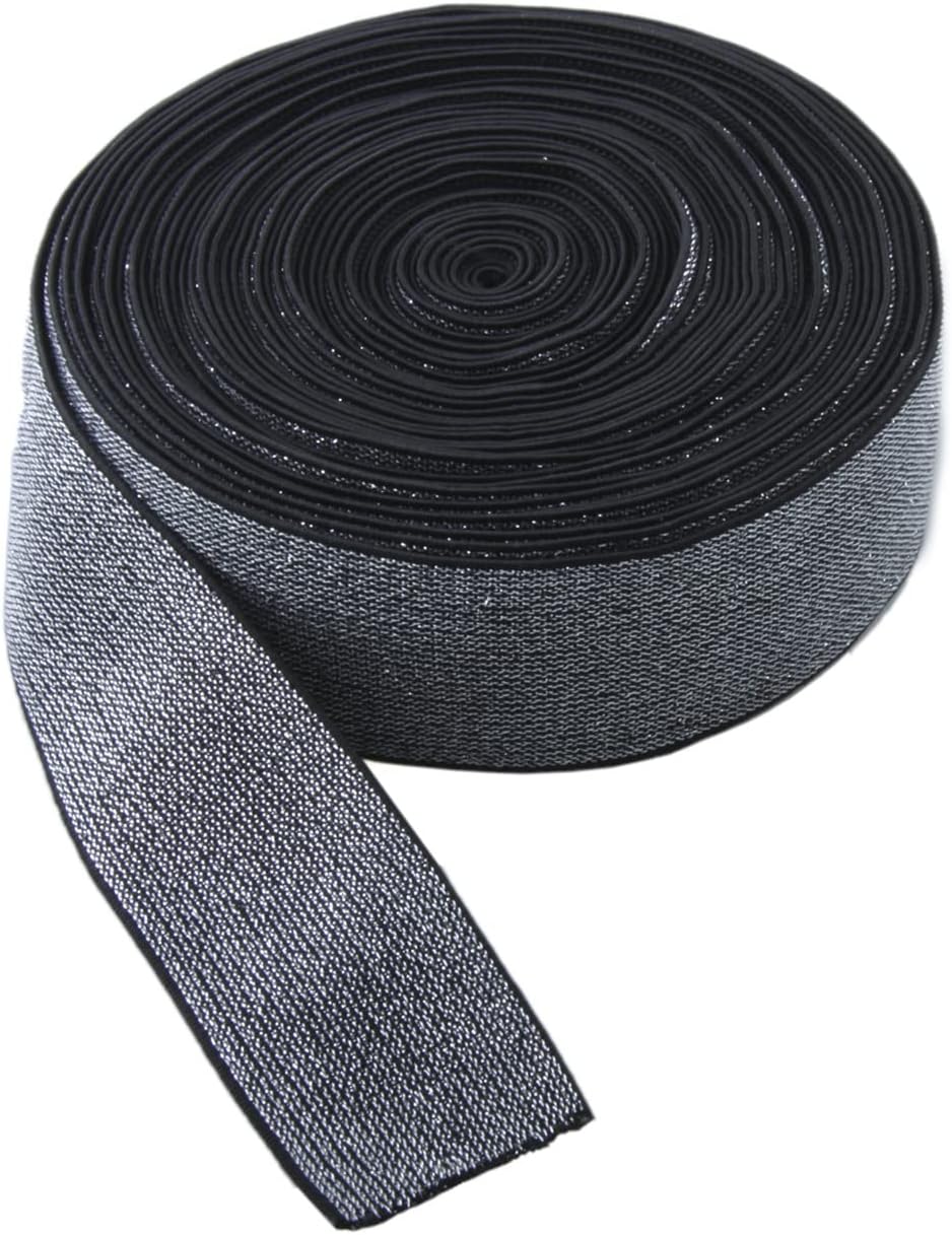40mm/1.57" Wide 3 Yards Soft Glitter Elastic Band for Sewing DIY Art Craft (Silver in Black)