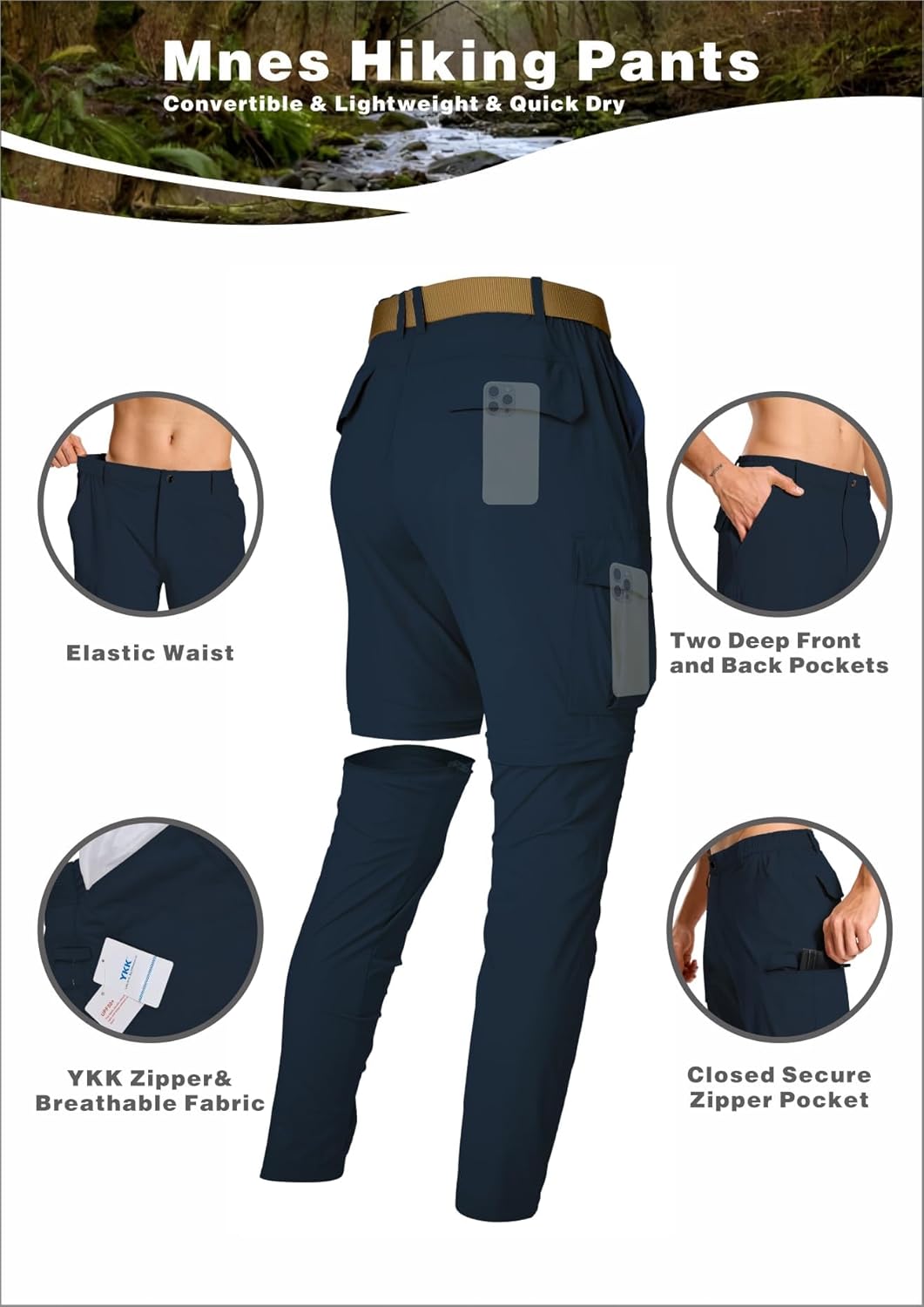 Mens Hiking Cargo Pants Lightweight Quick Dry Convertible Zip Off Waterproof Travel Fishing Climbing Work Pants for Men - Image 3