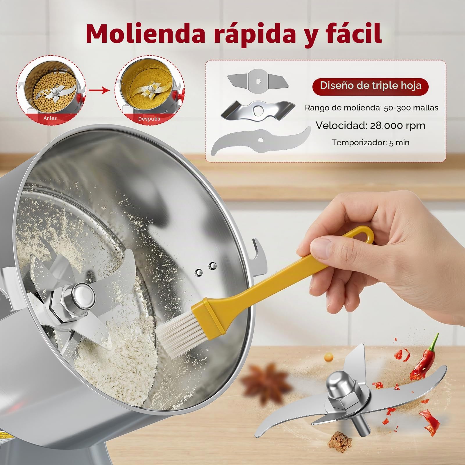 Molinillo de cereales portátil de 220 V, agitación para moler, polvo de harina de alta velocidad, para hierbas, especias, nueces, cereales con protección contra sobrecarga (500 g)