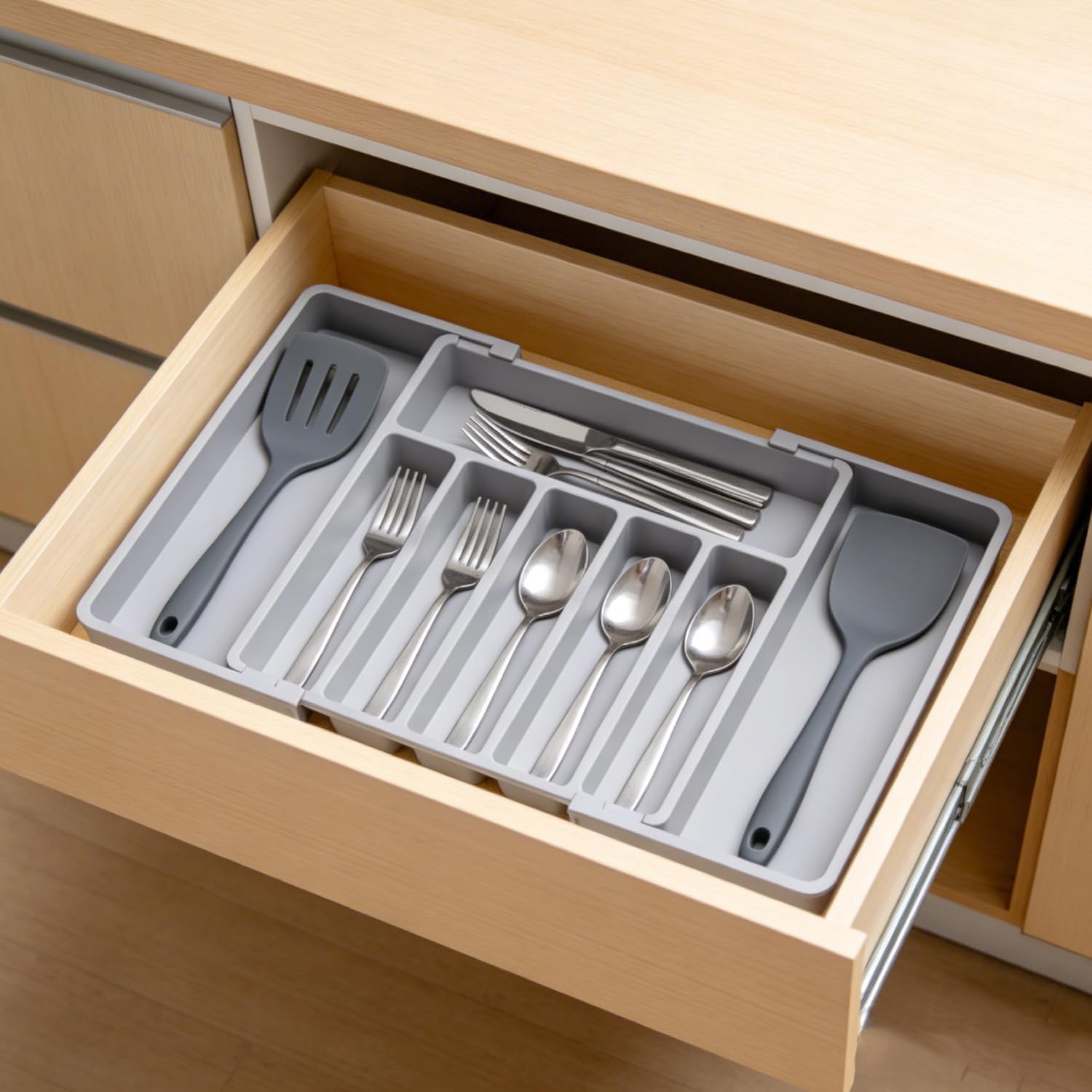 Organizer per cassetti portaposate estensibile, divisori regolabili in plastica, per utensili da cucina, 8 scomparti, 33-57 x 38 cm