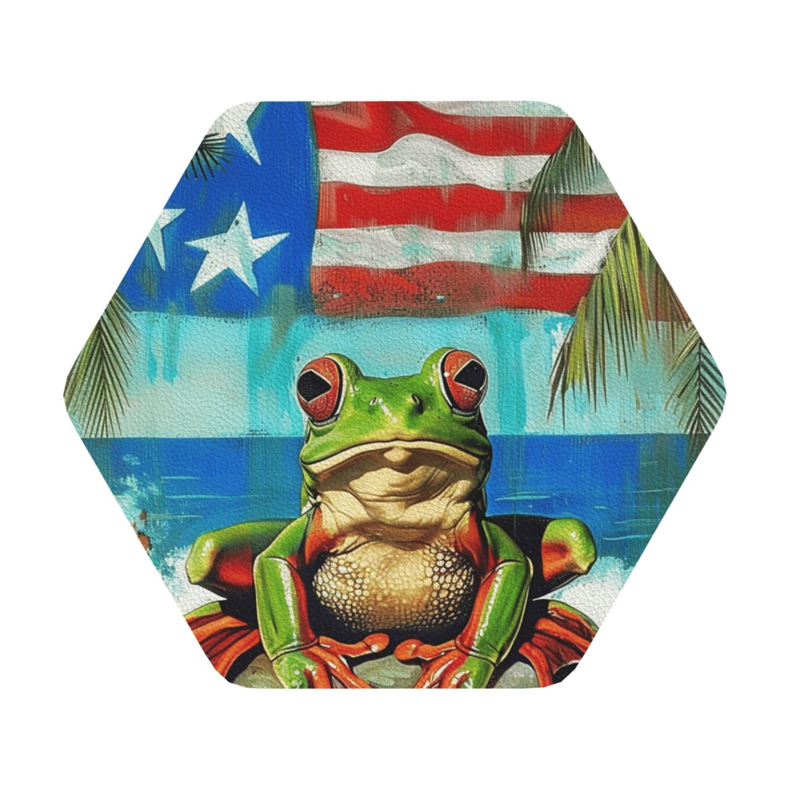 Puerto Rico Flag Frog Palm Trees Print Leather Coaster Set of 6, Hexagon Coasters Table Decorative Coffee Cup Beverage Coasters Wine Beer Bar Coasters for Hot Drinks Table Protection