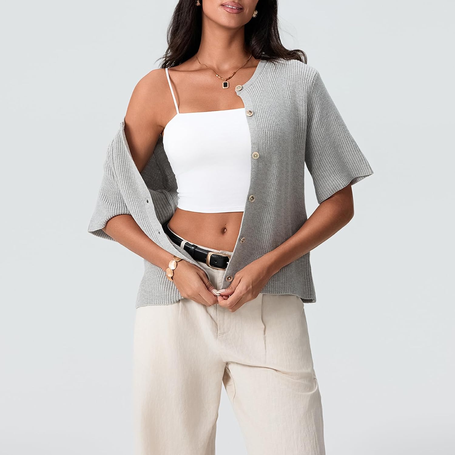 Women Knit Crop Cardigans Y2k Button Open Front Short Sleeve Crew Neck Shrugs Solid Sweater Fall Streetwear Tops - Image 5