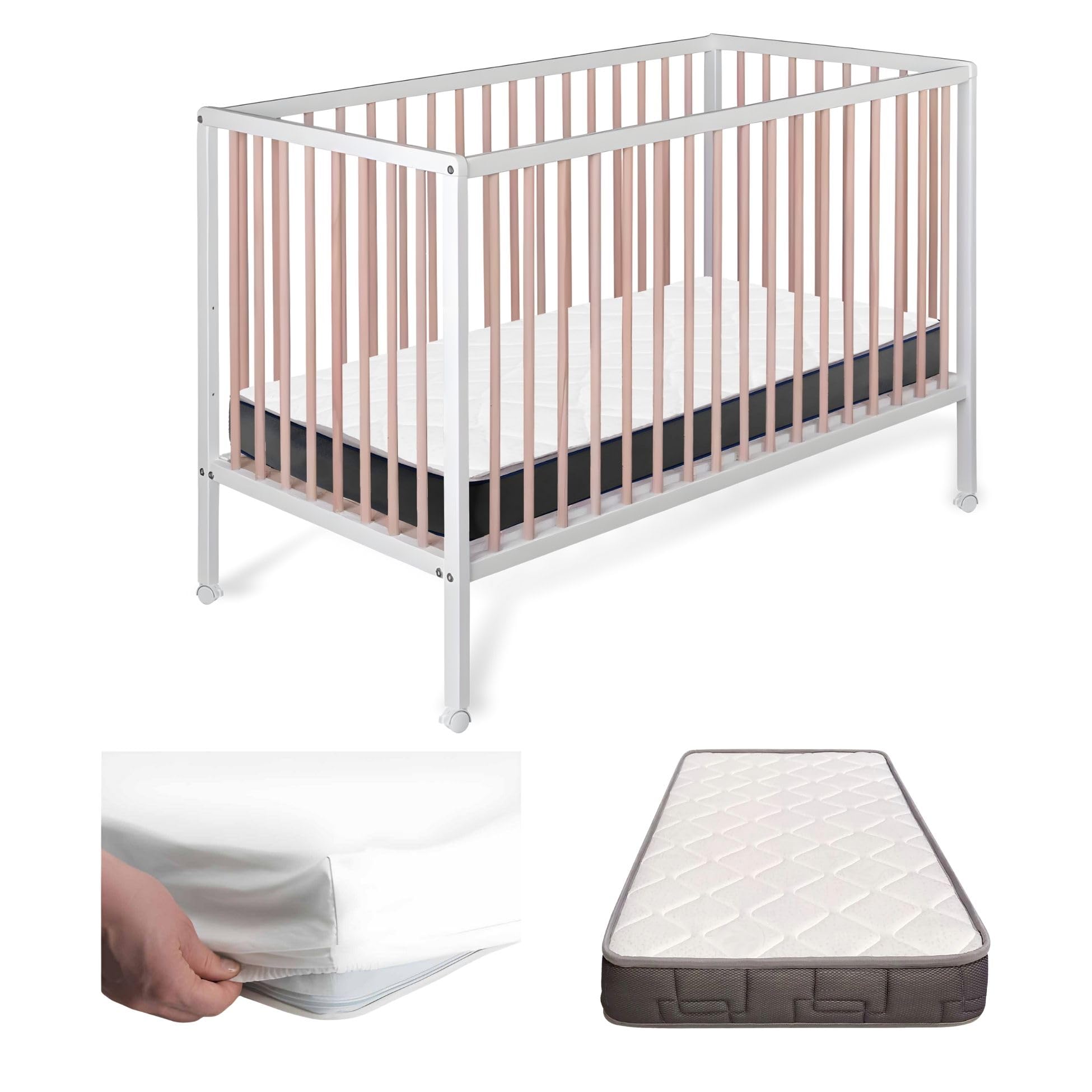 Cuna de Bebé Laponia Estilo Nórdico Color Natural 120x60 cm, de Madera de Haya, con Colchón Morfeo y Funda Impermeable CoolDreams