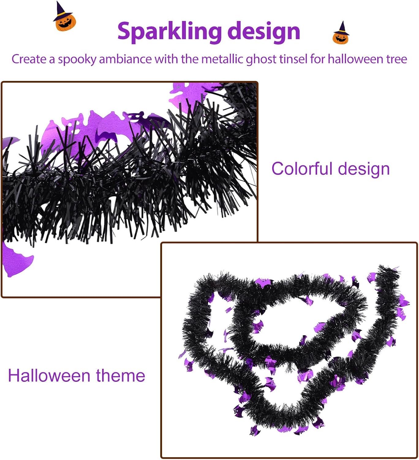 Mobestech 5pcs Halloween Ghost Tinsel Garland Shiny Metallic Twist Foil Hanging Decor for Indoor Outdoor Party Ceiling Classroom Holiday Events Black