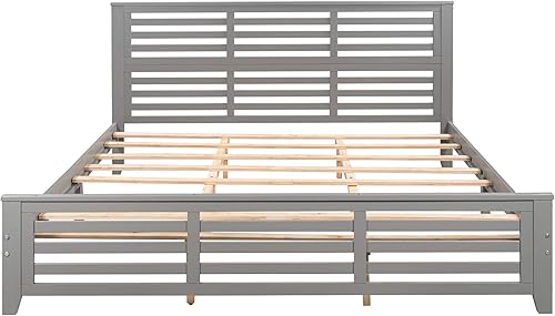 Miniatura 5 de Marco de cama de plataforma tamaño King con cabecero y estribo, no necesita somier, color gris