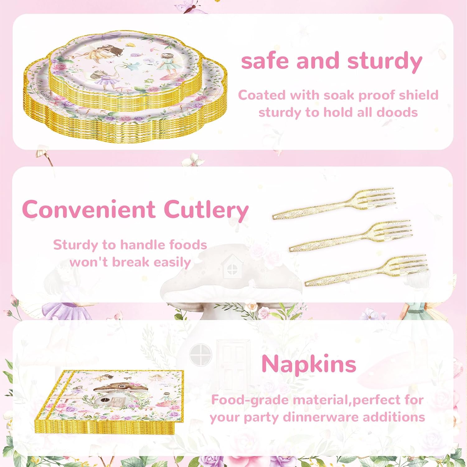 81Pcs Fairy Party Decorations for Girls 1st 2nd Birthday Garden Flower Themed Baby Shower Party Supplies Fairies Enchanted Tableware with Paper Plates Napkins Cups Forks and tablecloth Serve 20 - Image 3