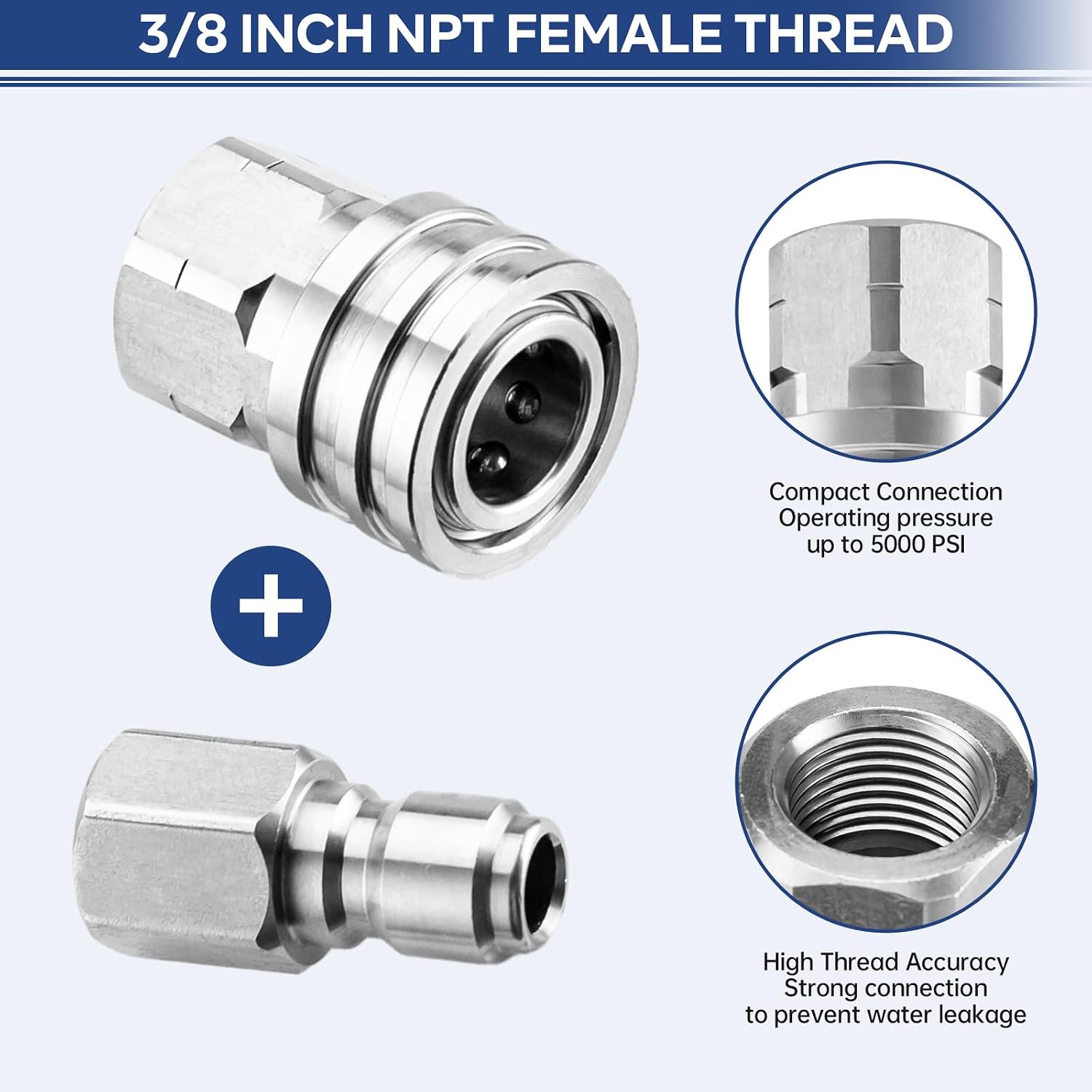 Pressure Washer Quick Connect 3/8 Inch, Pressure Washer Fittings, Stainless Steel Adapter Set, Quick Connect Hose Fittings, Female and Male 3/8" NPT Thread, 8 Pack