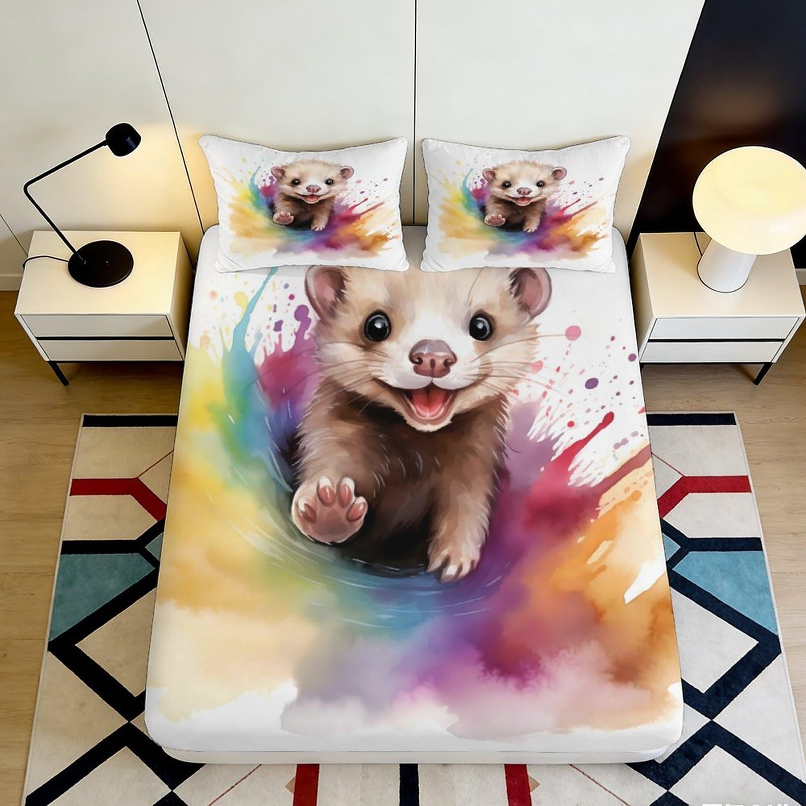 3D Printed Cute Ferret Splash Fitted Sheet Microfiber Multicolor Cartoon Mattress Cover for Bedroom Guest Room Decor 90x200x25cm