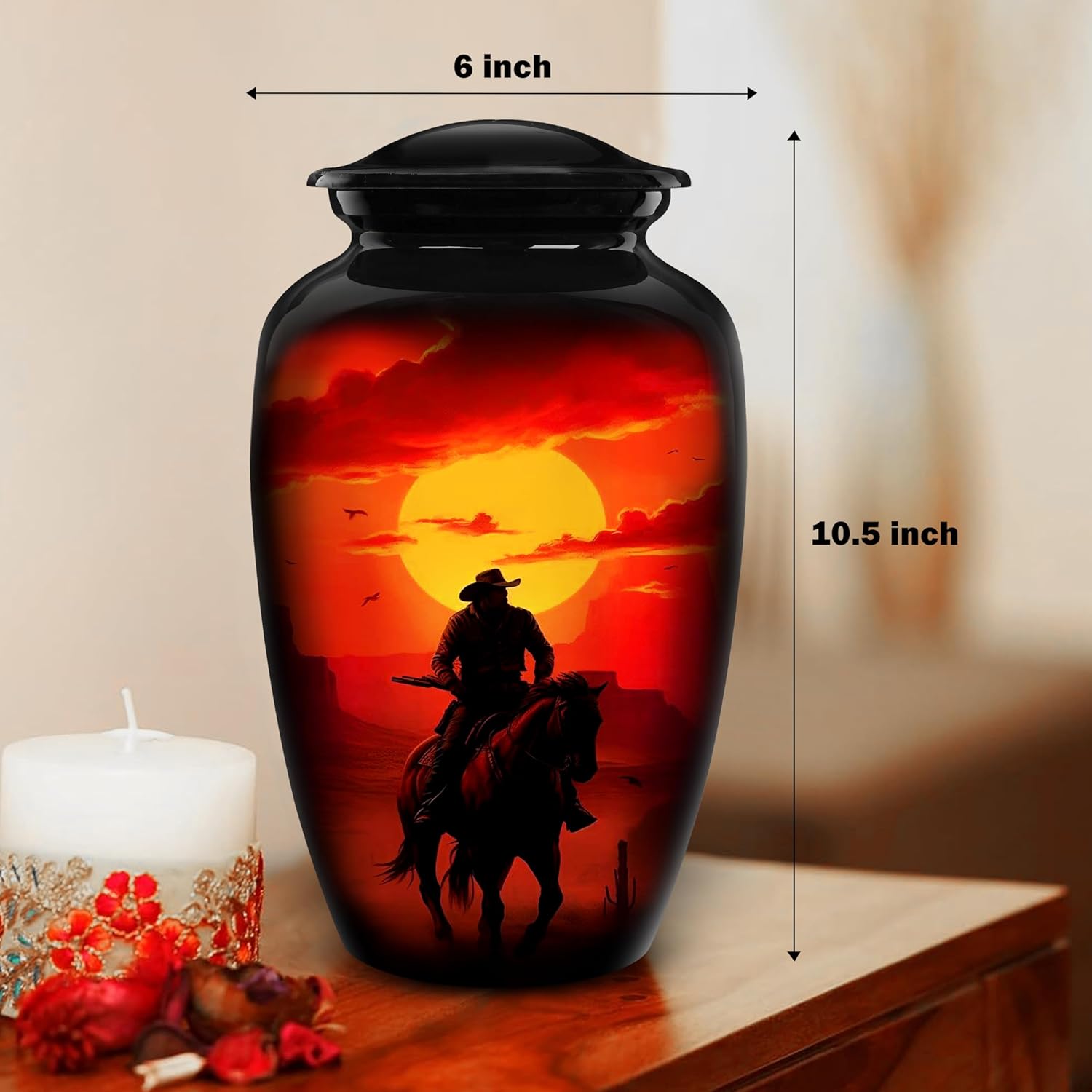 Cremation Urns for Human Ashes Adult Male Female – Large Funeral Men Urn for Ashes, Western Decorative Burial Memorial Urn with Black Velvet Bag, Cowboy, 200 Cu in - Image 2