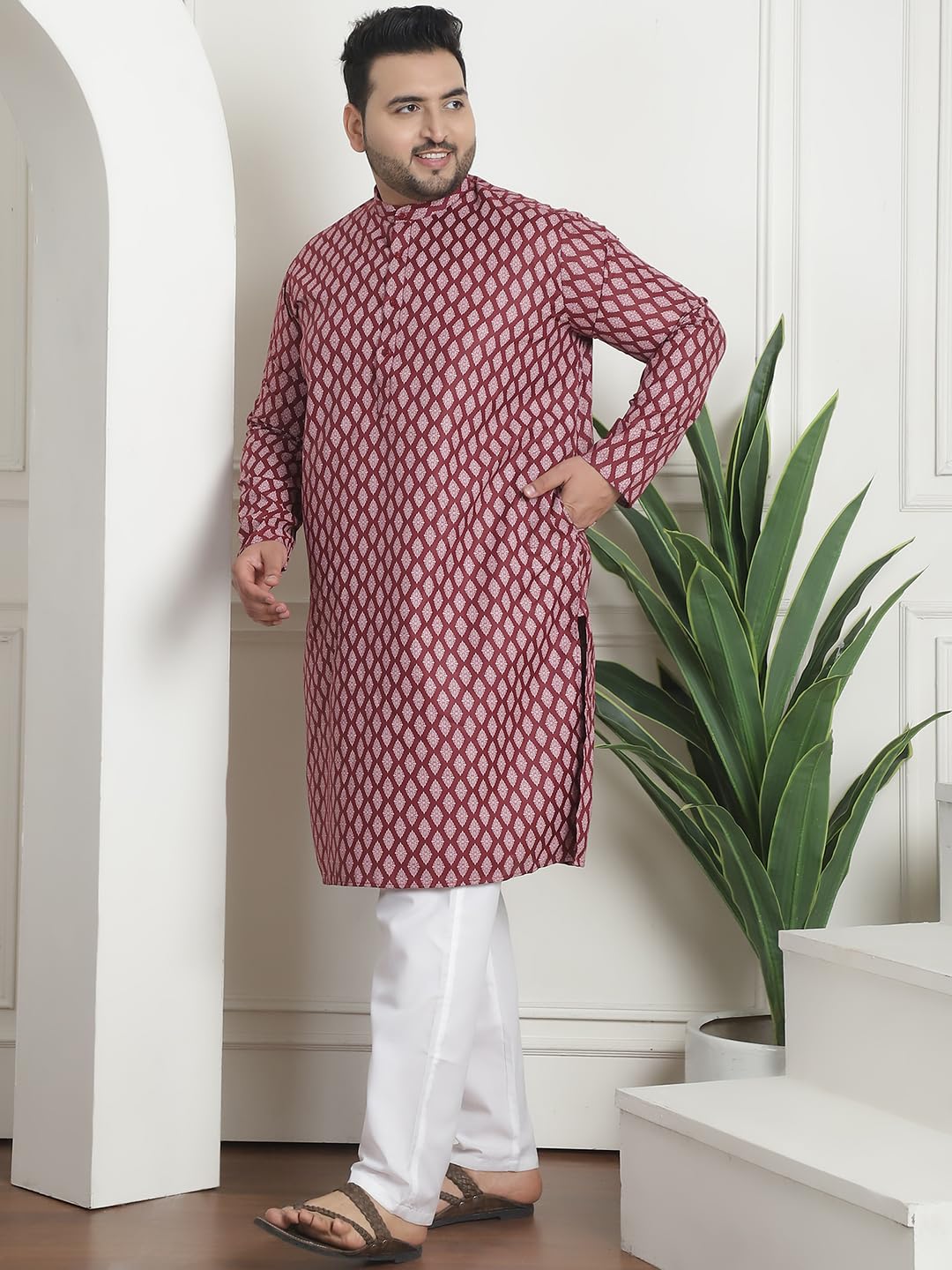 Sojanya Plus (Since 1958) Men's Cotton Blend Printed Maroon Kurta With White Churidar Pyjama