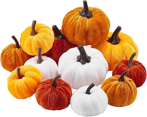 woshilaocai 12 calabazas de terciopelo surtidas para decoración de otoño y Halloween, calabazas artificiales de espuma para decoración de mesa de