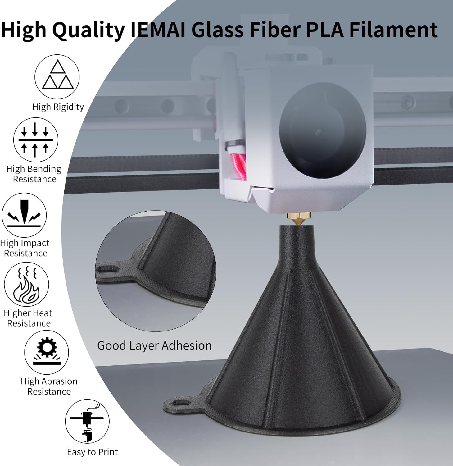 IEMAI PLA ガラスファイバーフィラメント 1.75mm、強化ブラックPLA GF 1kgスプール、高強度・高剛性、耐熱・耐衝