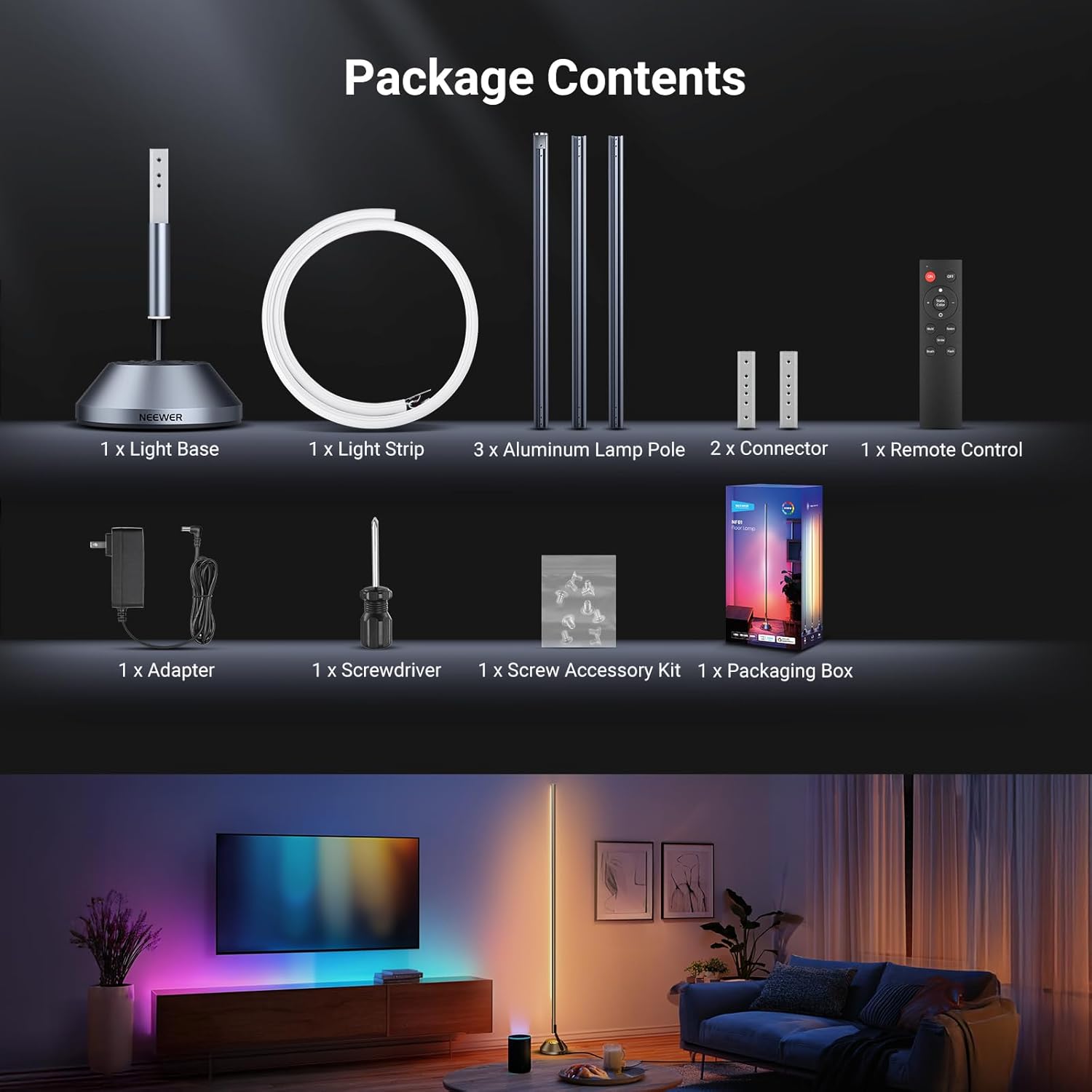 All components of the NEEWER NF01 Smart LED Floor Lamp laid out, including the base, light strip, aluminum poles, remote, connectors, adapter, screwdriver, and screw kit.