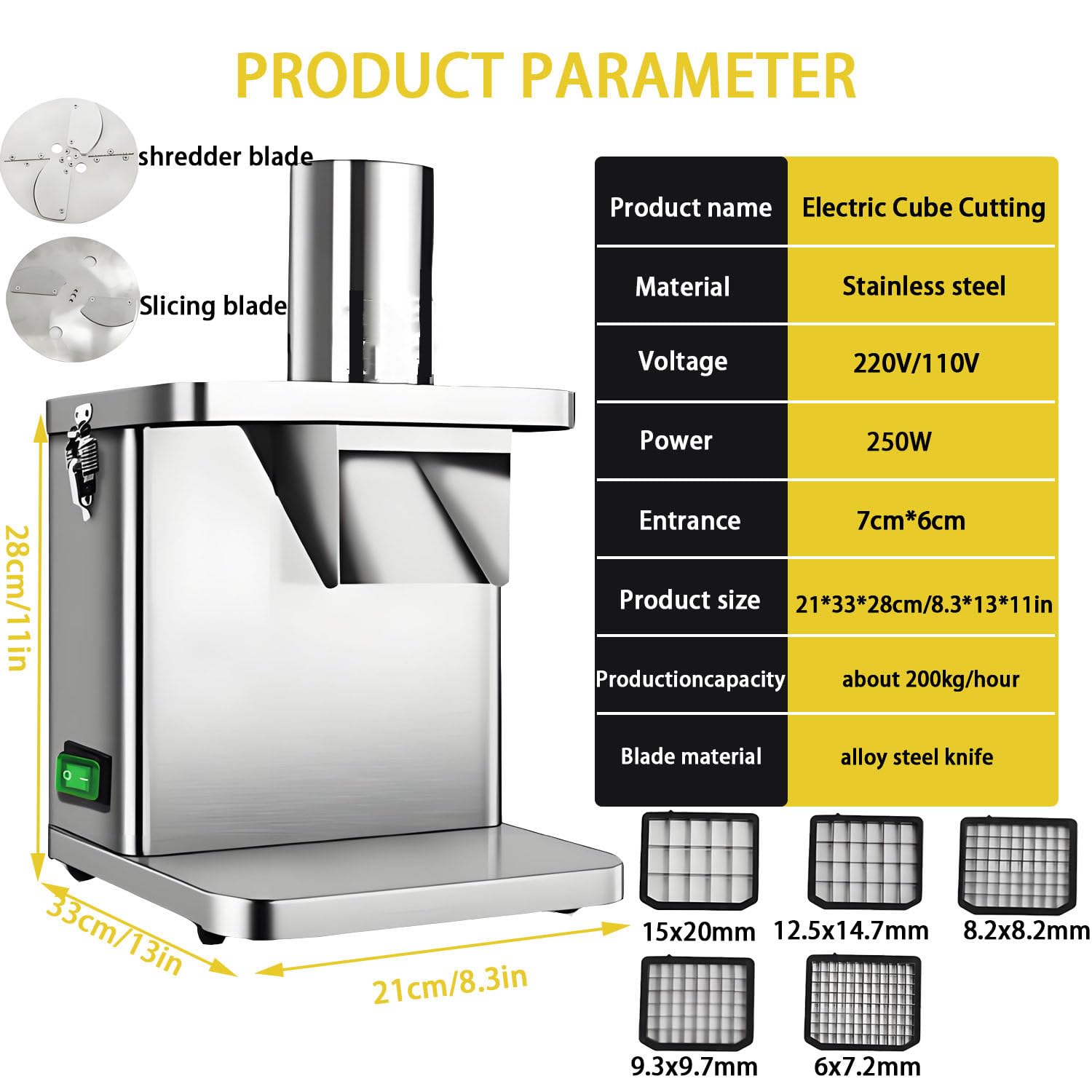Cortador eléctrico de Verduras y Frutas de 250 W, con Cuchillas y moldes de Corte de 6/8/10/12/15 mm, de Acero Inoxidable, para Uso doméstico o Comercial. 110v