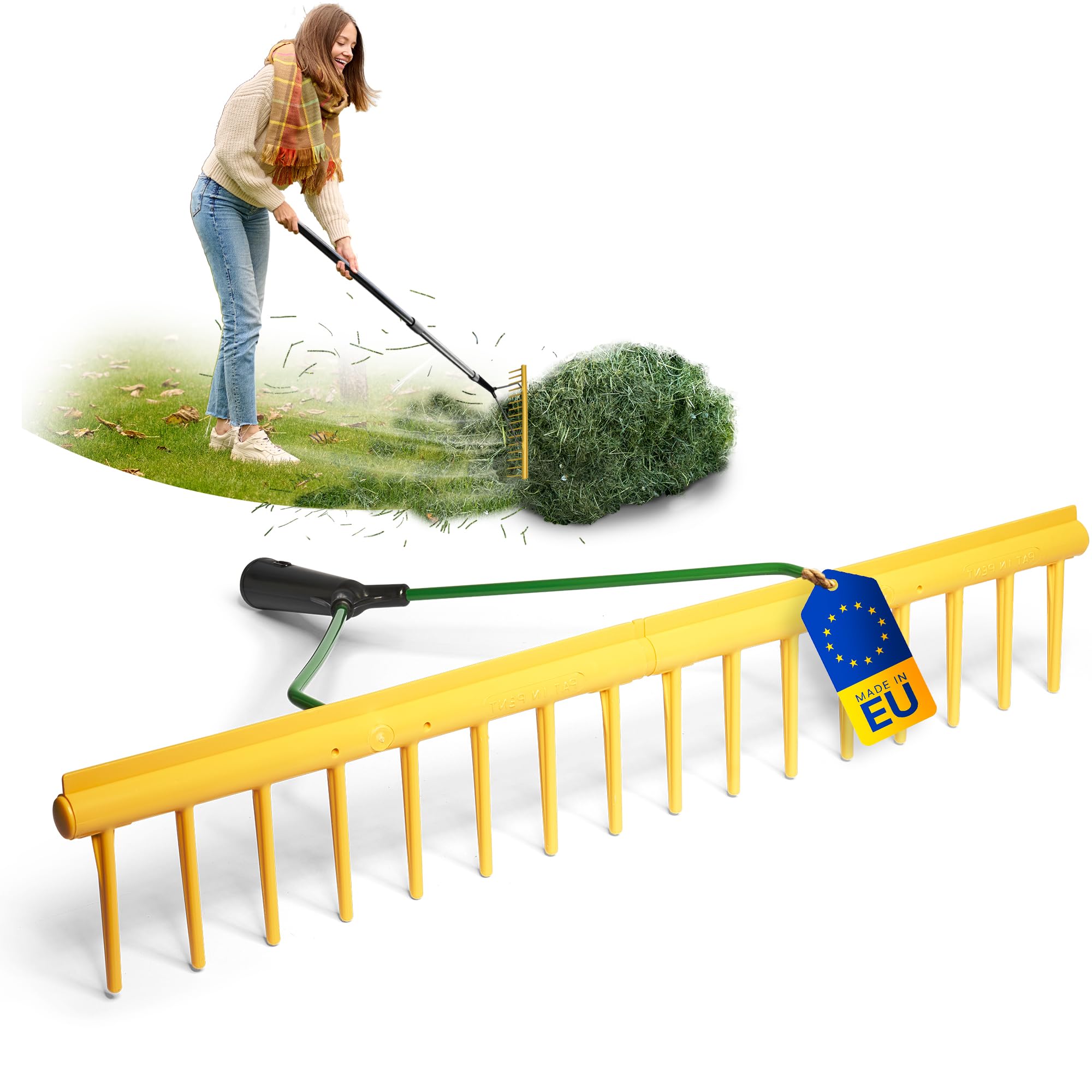 Novatool Juego de 2 cabezales de rastrillo de jardín con borde de extracción y 16 dientes, ancho de trabajo de 64,5 cm, rastrillo de plástico y metal, recogehojas para jardín, rastrillo de césped