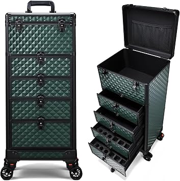 Stagiant Makeup Trolley Vanity Case Large Makeup Case Lockable Make Up Box Organiser with 4 Drawers Hairdressing Trolley on Wheels Beauty Nail Technician Cases Green