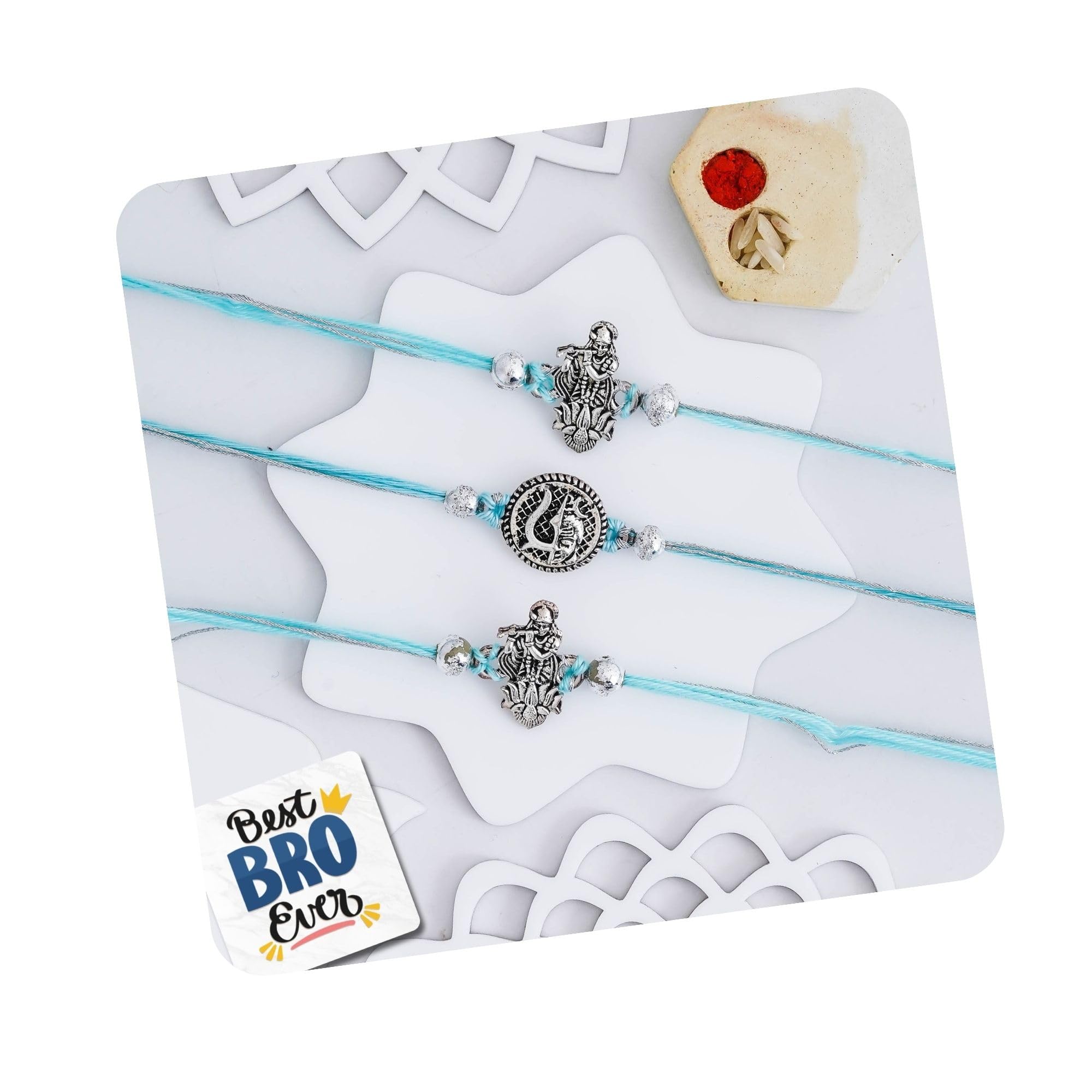 eCraftIndia Set of 3 Lord Shiva Trishul, Ganesha, Krishna Religious Designer Rakhis, Best Bro Ever Fridge Magnet with Roli Chawal Pack - Rakhis for Brother, Bhabhi, Kids