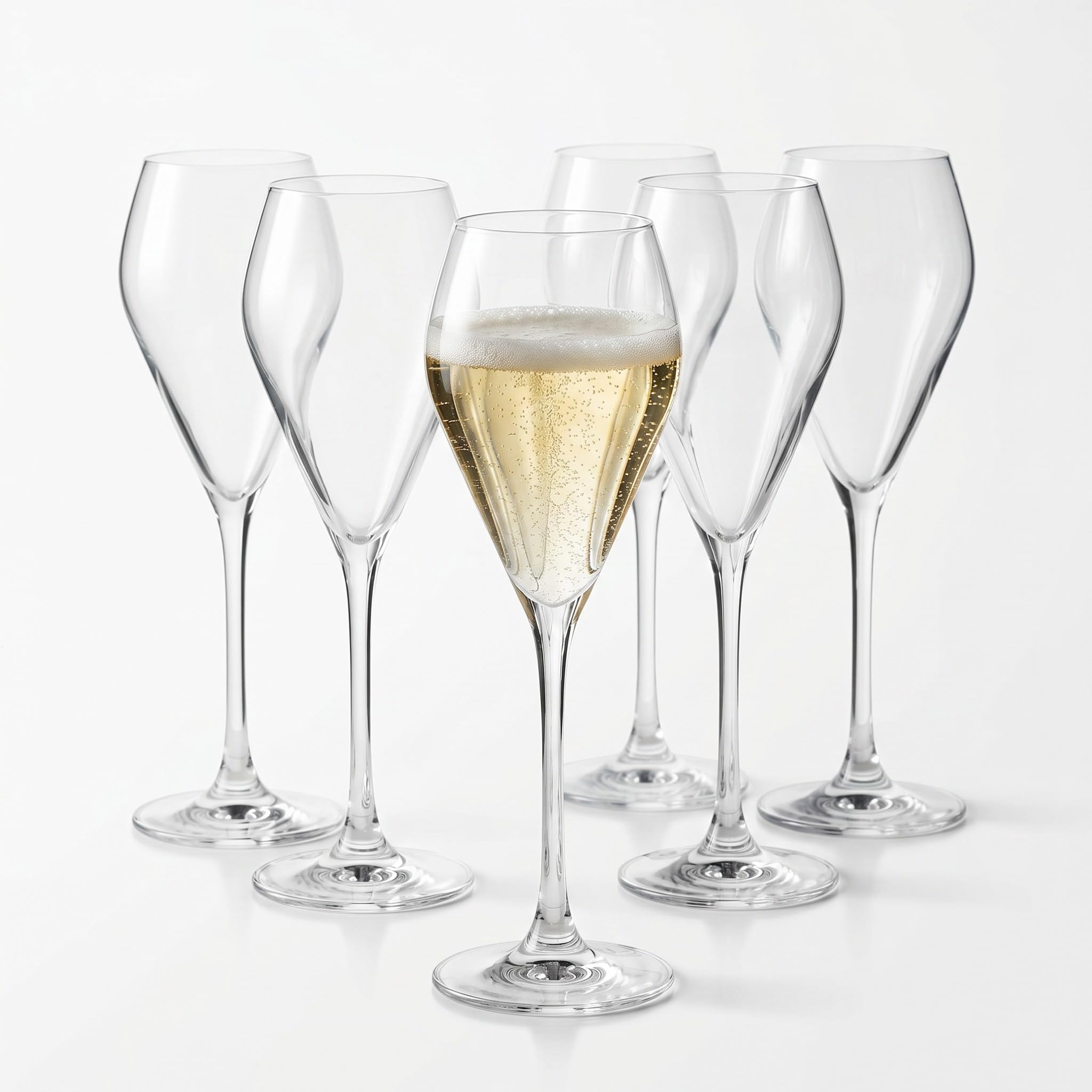 Champagnergläser 6 Gläser Set Serie Mode, Prosecco Glas mit moderner und markanter Form, spülmaschinenfest, Premiumqualität inklusive Glaspoliertuch