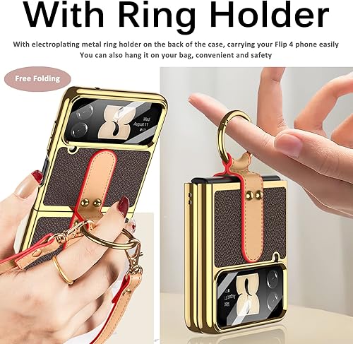 Miniatura 2 de Miimall Funda de cuero para Samsung Galaxy Z Flip 4 con protector de lente de cámara integrado, soporte de anillo  Funda de correa de cordón