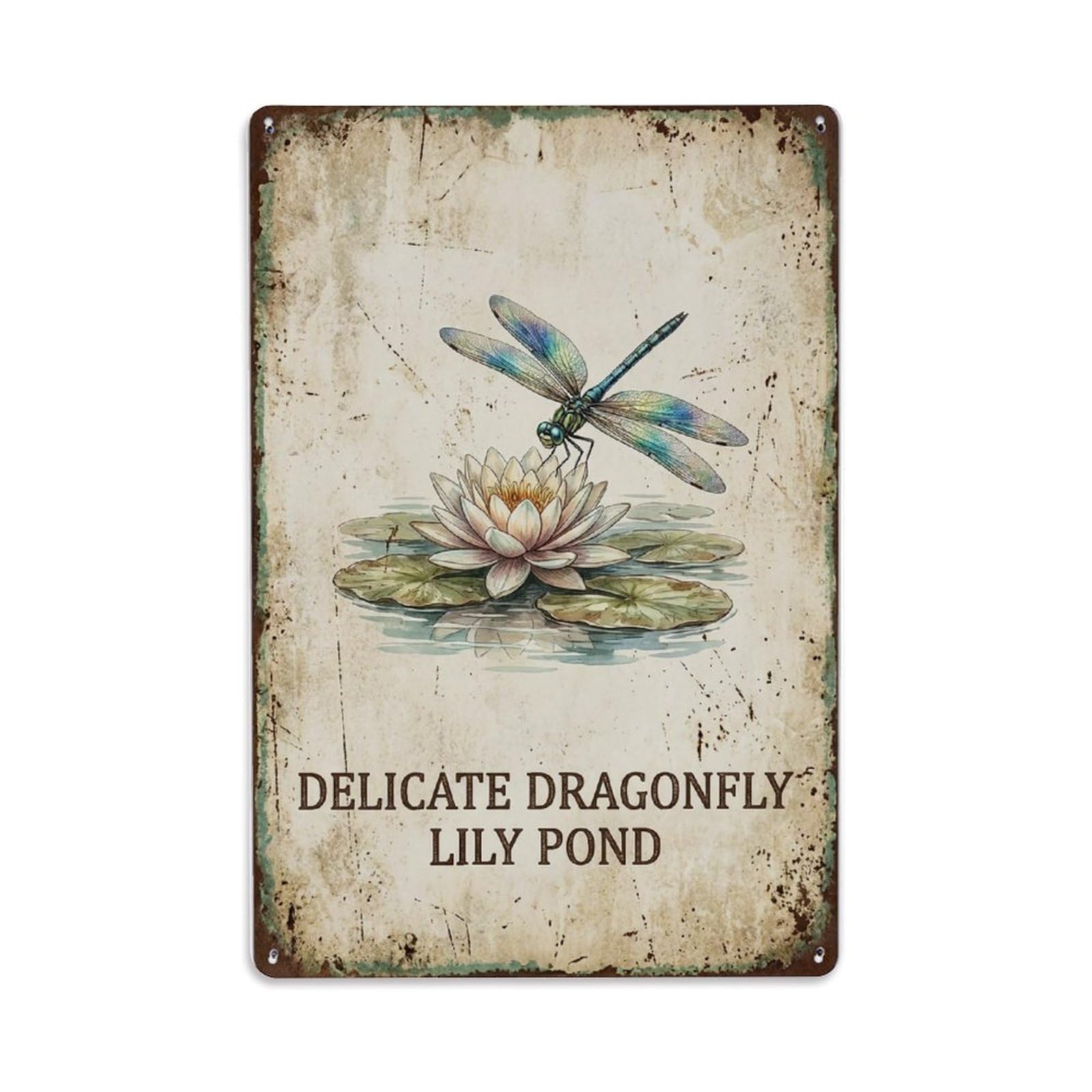 Fqnyr Style Delicate Dragonfly Lily Pond Water Metal Tin Sign Plaque Wall Decor For Cafe, Club Bar, Office, Home Garden Metal Poster 8X12inch