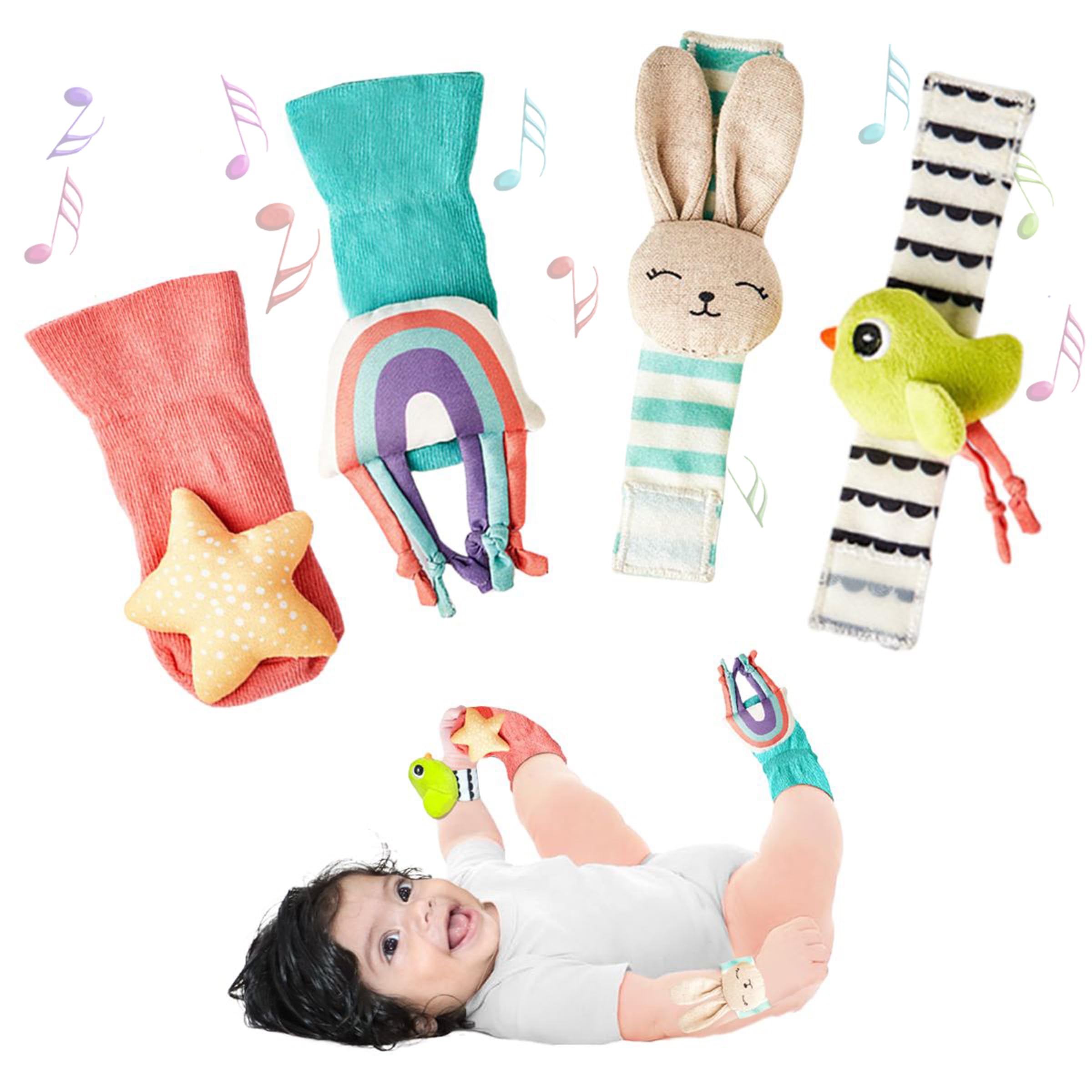 Curious Cub Wrist Rattle & Foot Finder Socks Toy Set For Baby Arm & Feet | Soft,Safe With Rattle Crinkle Sound | Ideal for 0-12 Months Toddlers |Early Developmental Sensory Toys| Newborn Baby Gift Set
