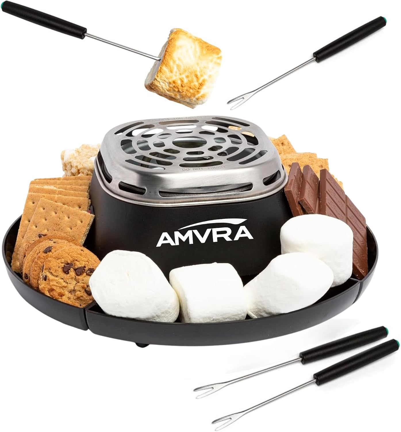 AMVRA Indoor Electric S'Mores Maker Smores Kit with 4 Stainless Steel Marshmallow Roasting Sticks and 4 Trays for Graham Crackers, Chocolate, and Marshmallows - Movie Night Supplies - Black